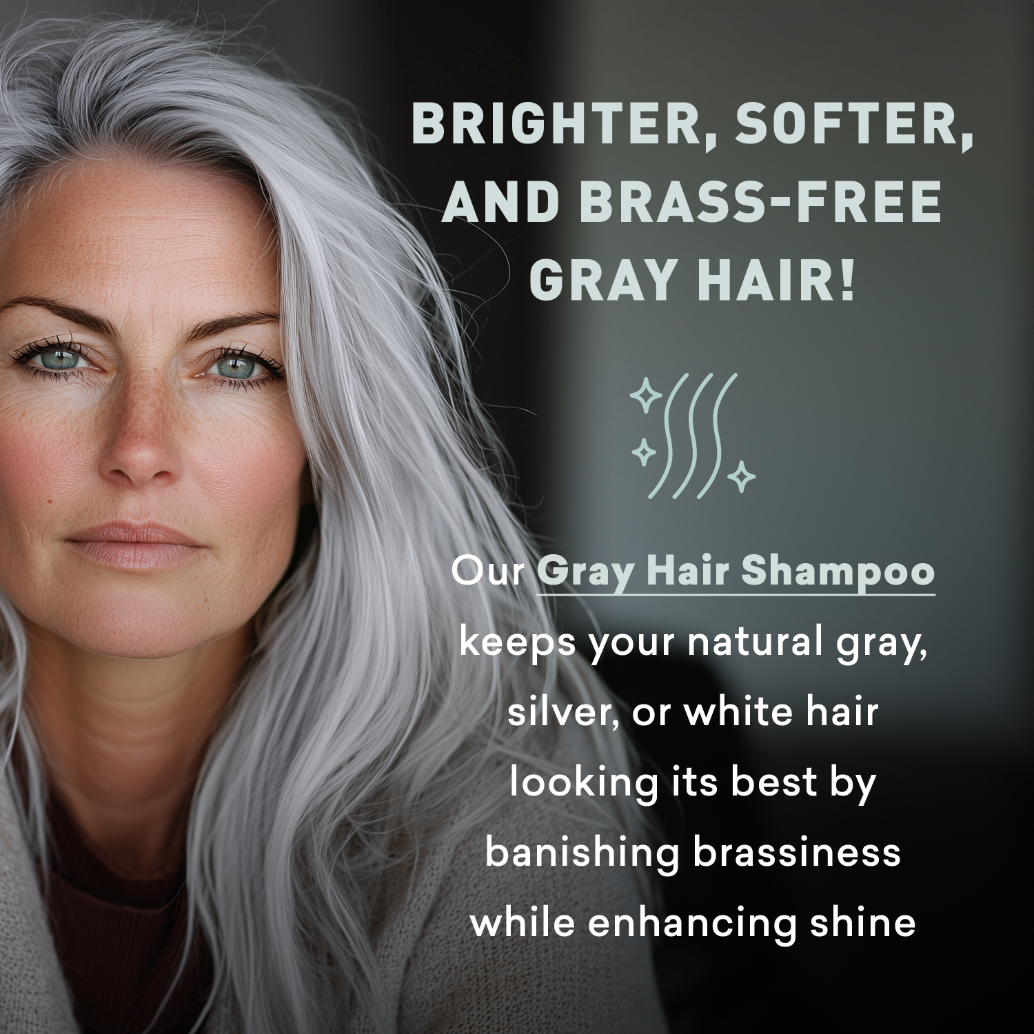 Woman with gray hair featuring text about gray hair shampoo.