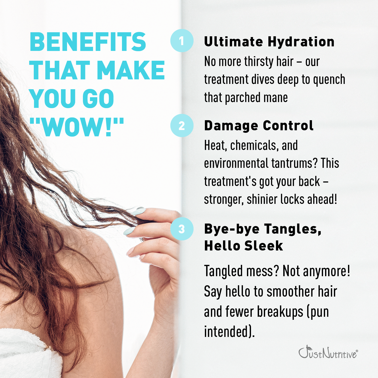 Advertisement for hair care treatment benefits with text and a person holding hair.