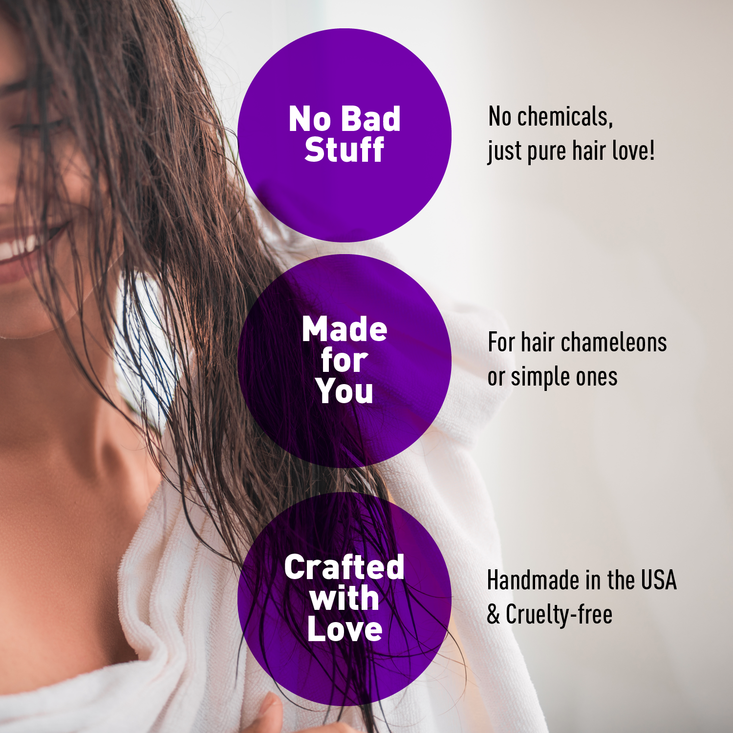 Woman with hair extensions and promotional text about product qualities on a white background