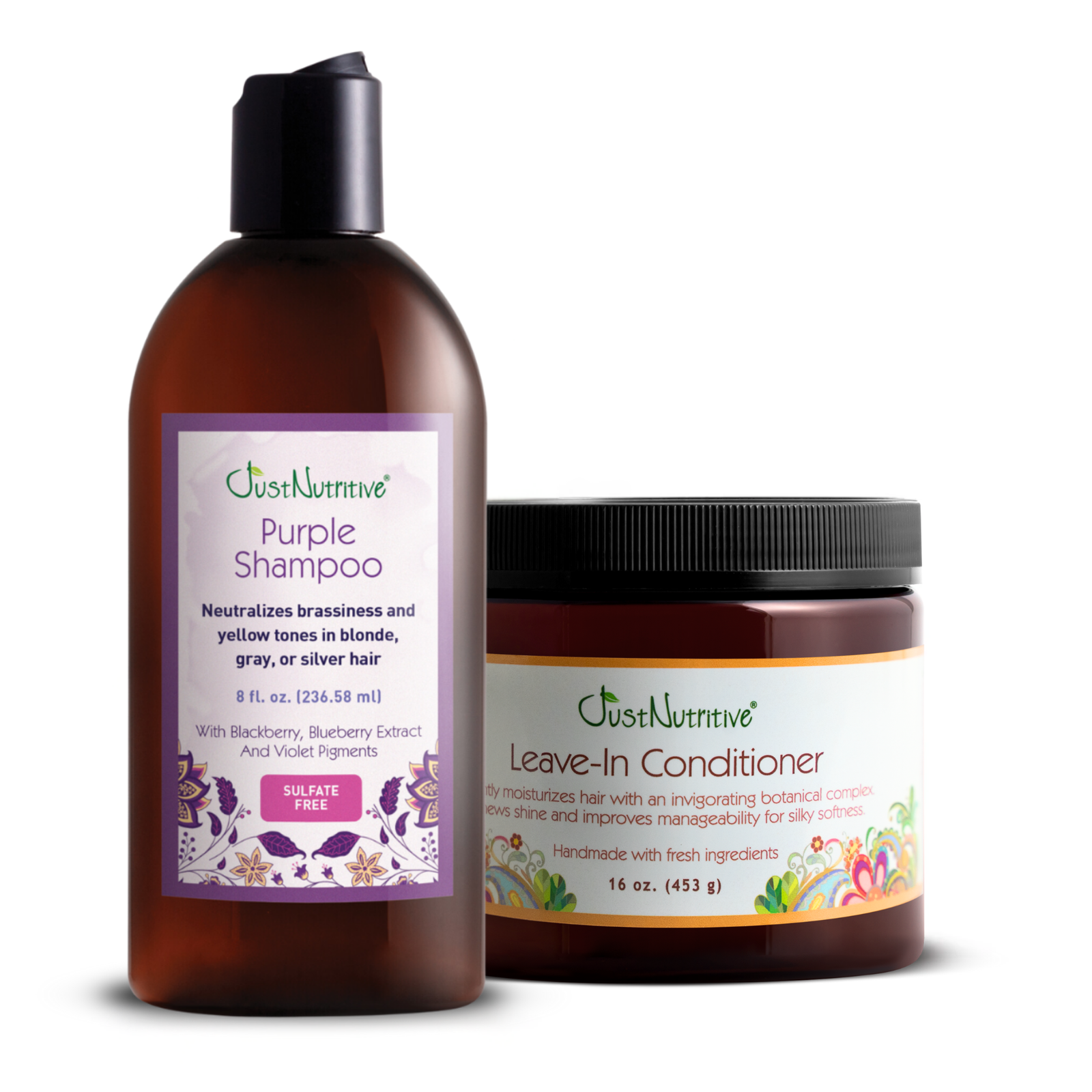 Product image of the Purple Shampoo bottle and Leave In Conditioner jar