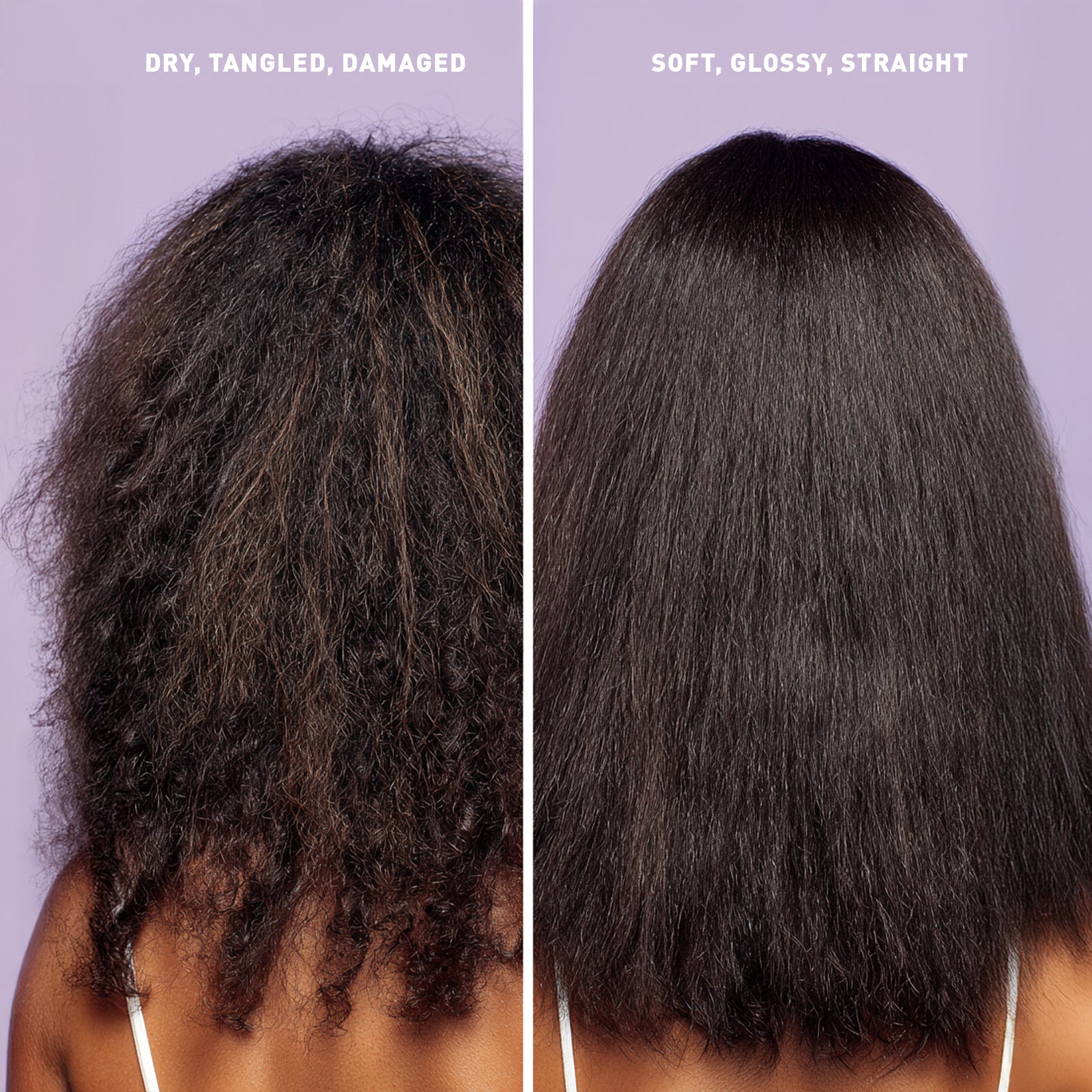 Comparison of dry, tangled, damaged hair vs soft, glossy, straight hair on a purple background.