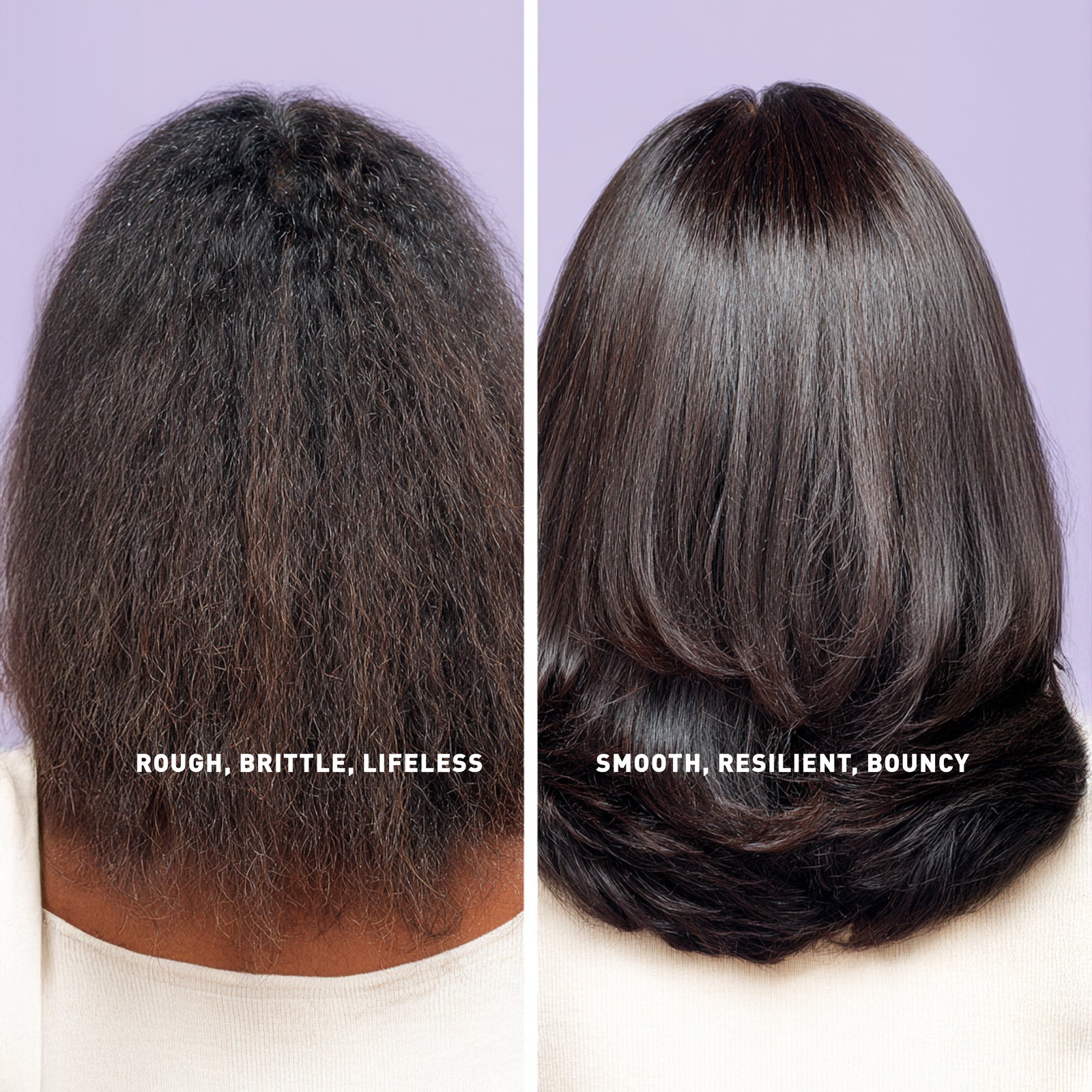 Before and after comparison of hair texture with 'Rough, Brittle, Lifeless' on the left and 'Smooth, Resilient, Bouncy' on the right.