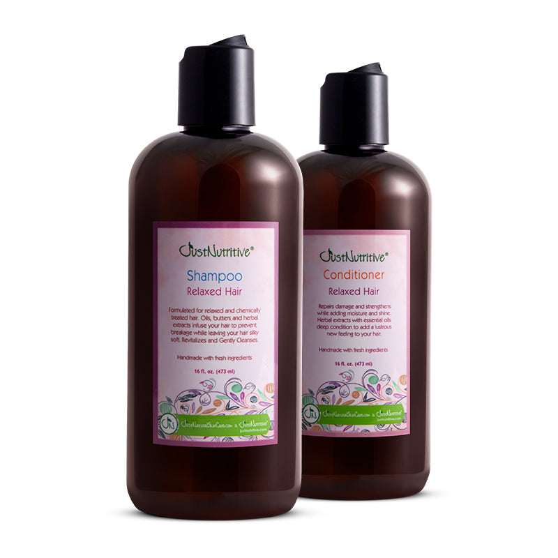 Just Nutritive Relaxed Hair Duo: Relaxed Hair Shampoo and Relaxed Hair Conditioner bottles