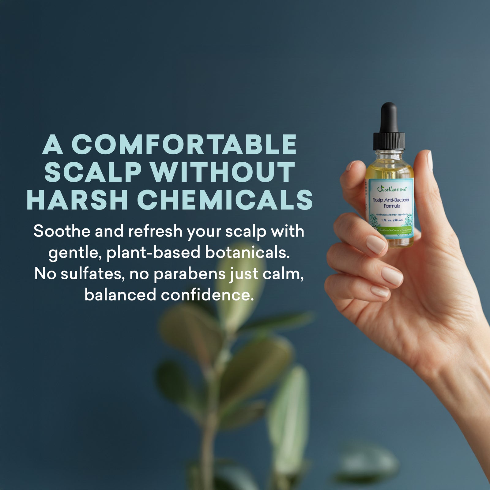 Hand holding a bottle of scalp care product with text about gentle, plant-based ingredients on a dark background.