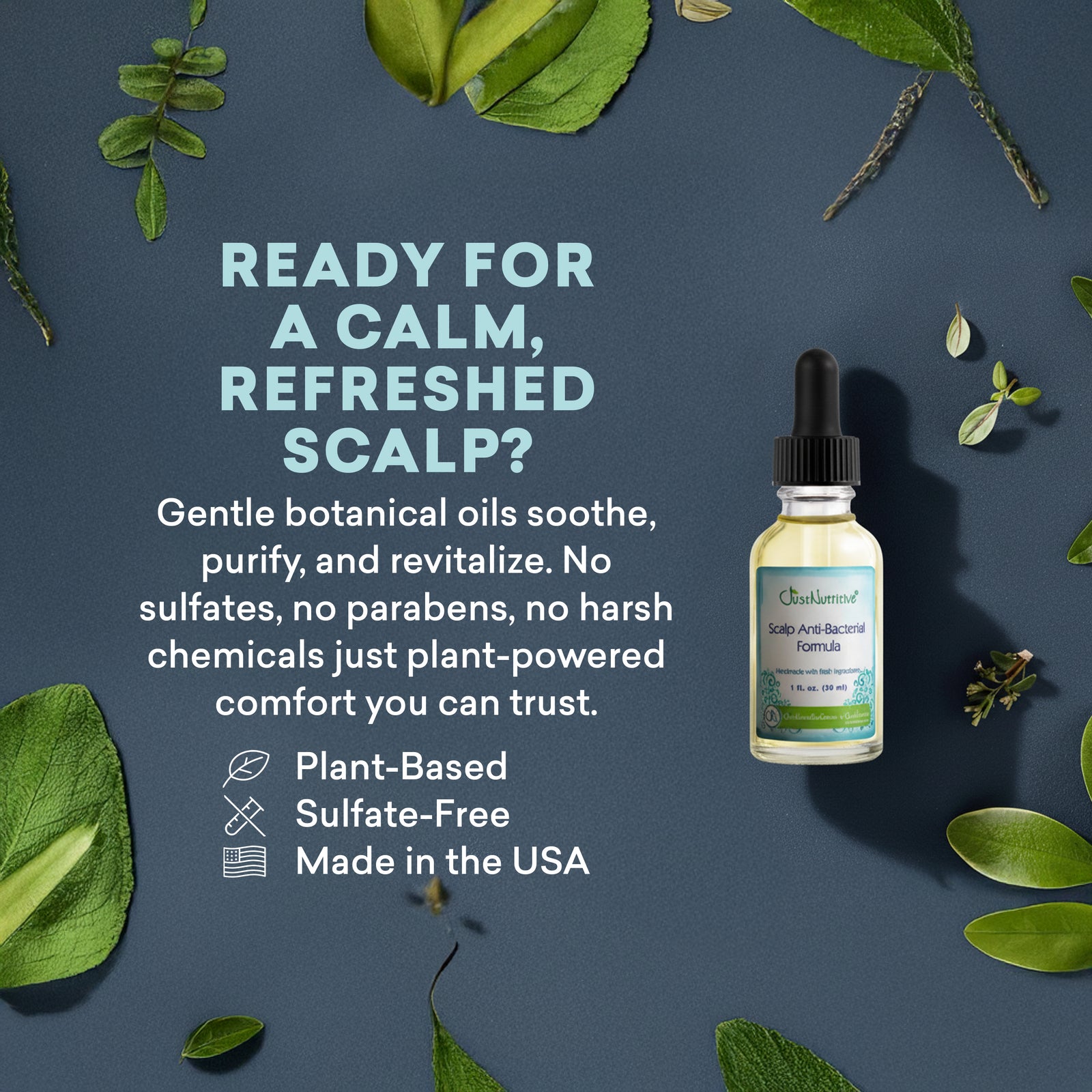 Bottle of Scalp Care product with text on a dark blue background with green leaves.