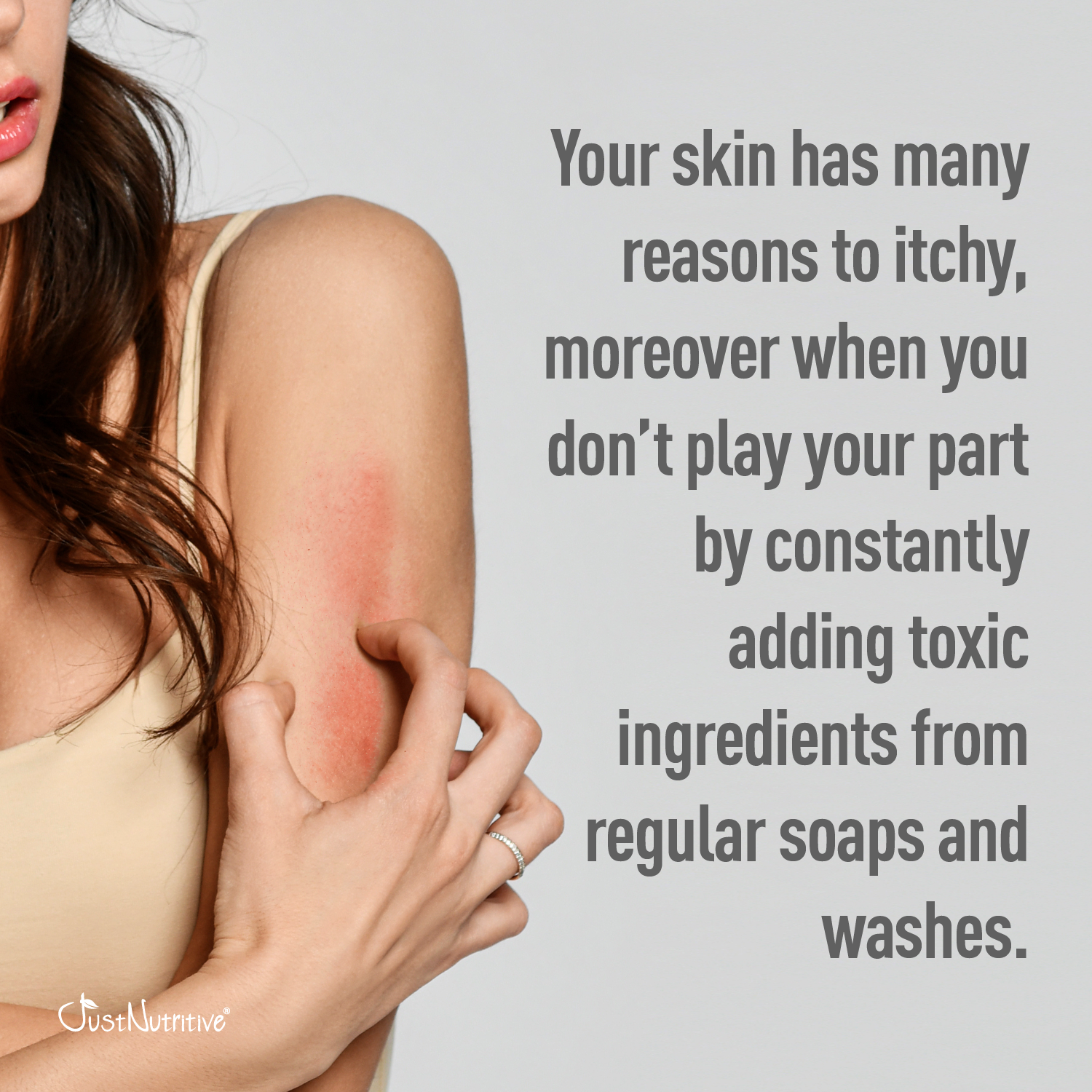 Person scratching an itchy arm with a message about toxic ingredients in soaps.