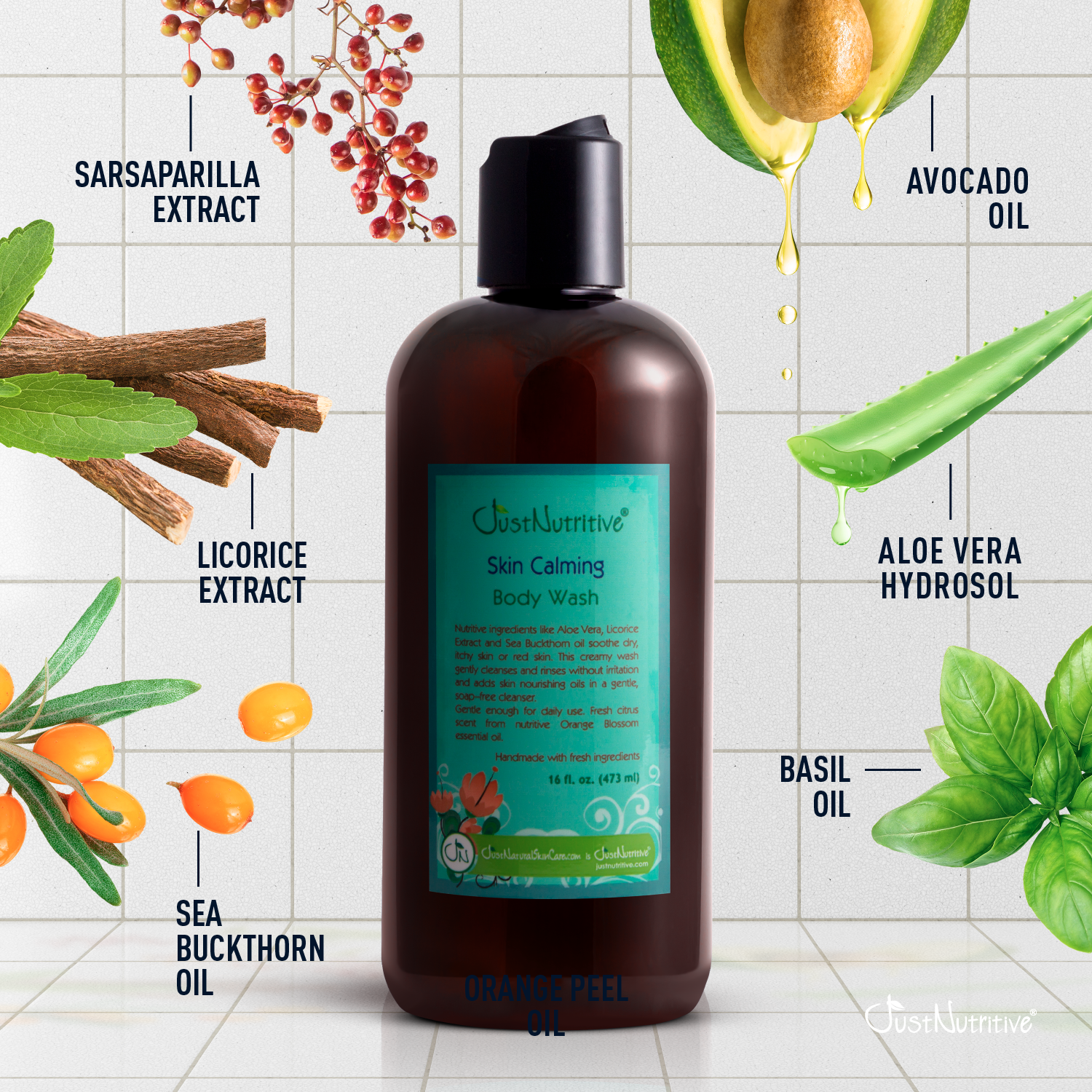 Body wash bottle with natural ingredients on a tiled background