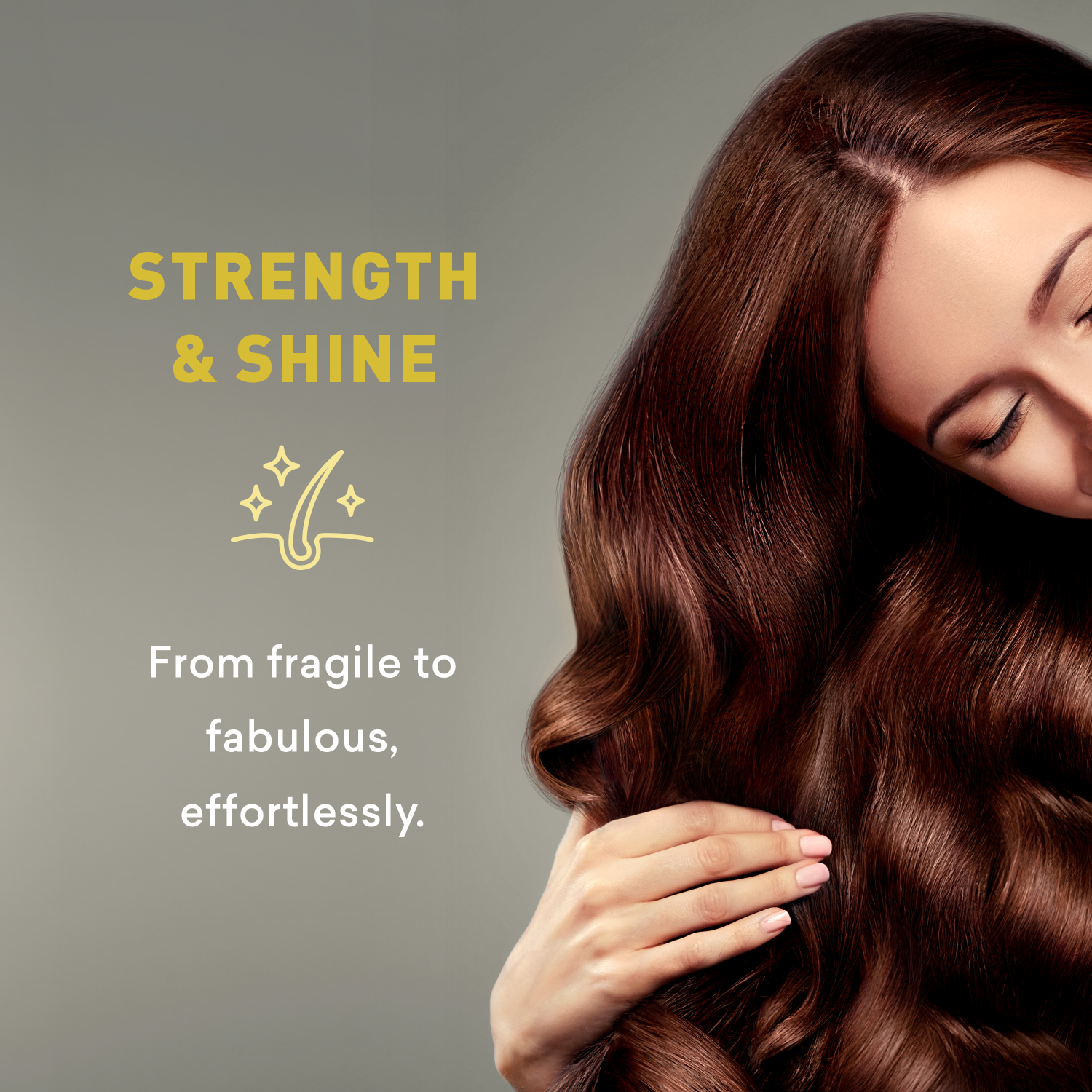 Woman with long, wavy brown hair against a gray background with text about hair strength and shine.