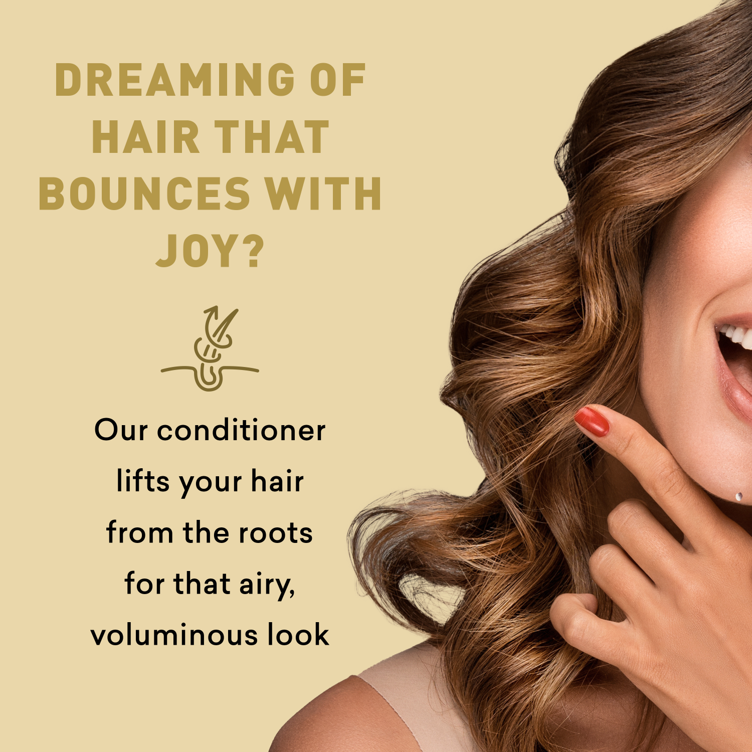 Woman with styled hair and text about a conditioner on a beige background