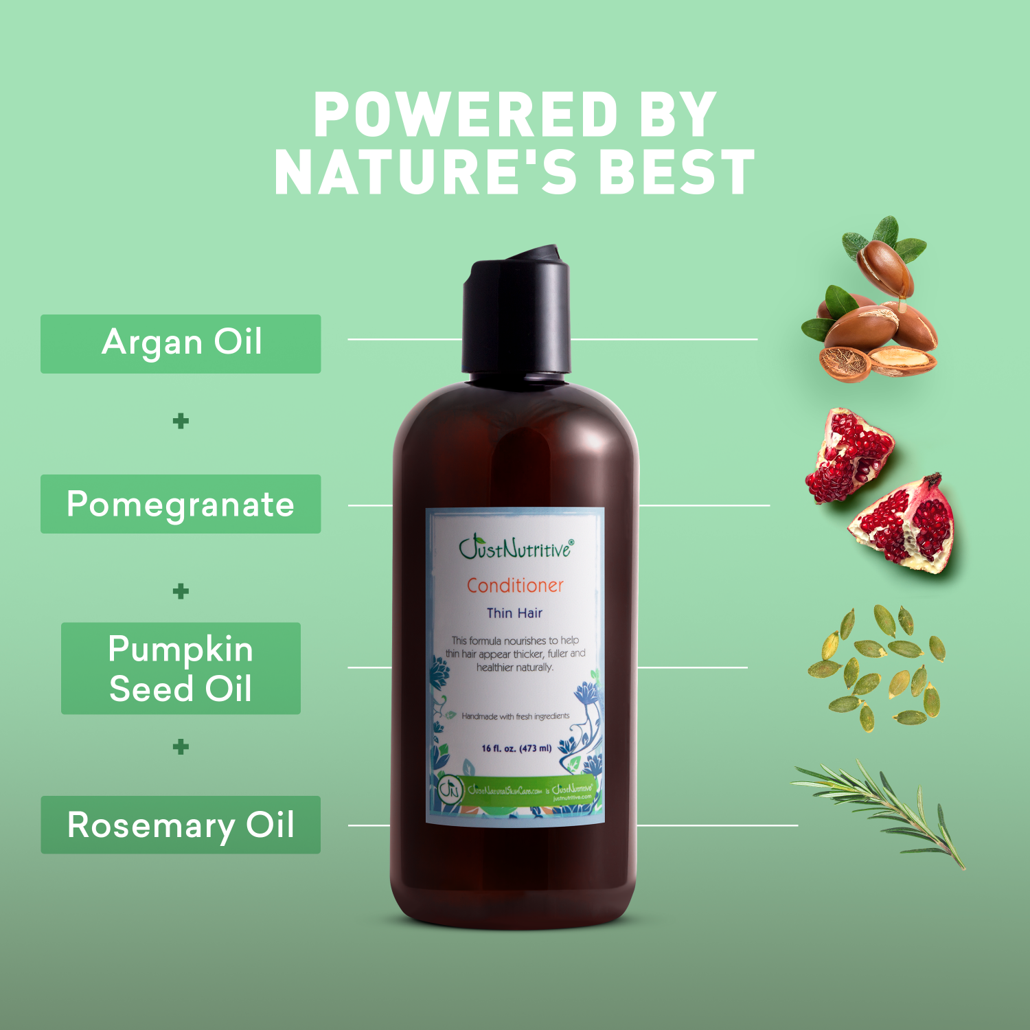 Conditioner bottle with ingredients on a green background