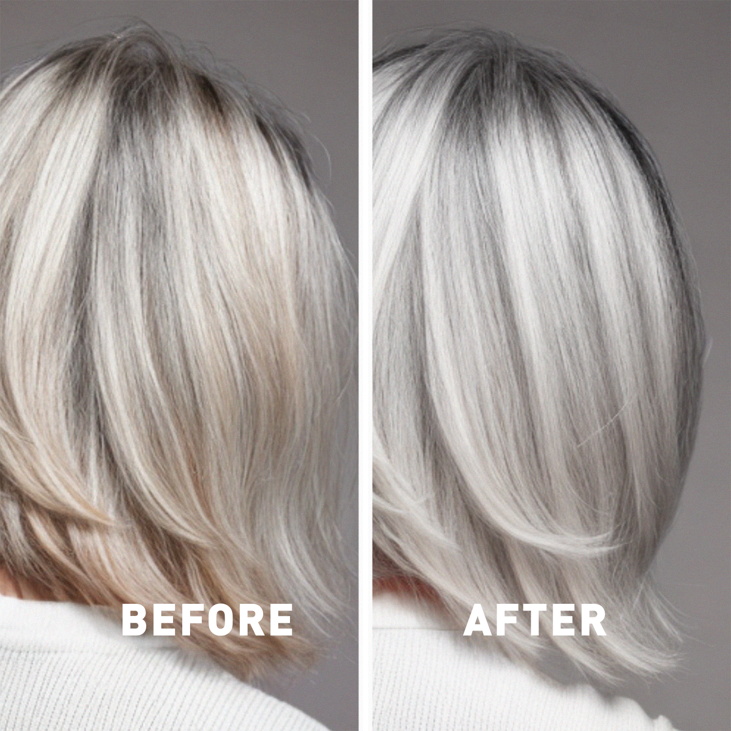 Before and after comparison of hair color transformation on a person with gray hair.