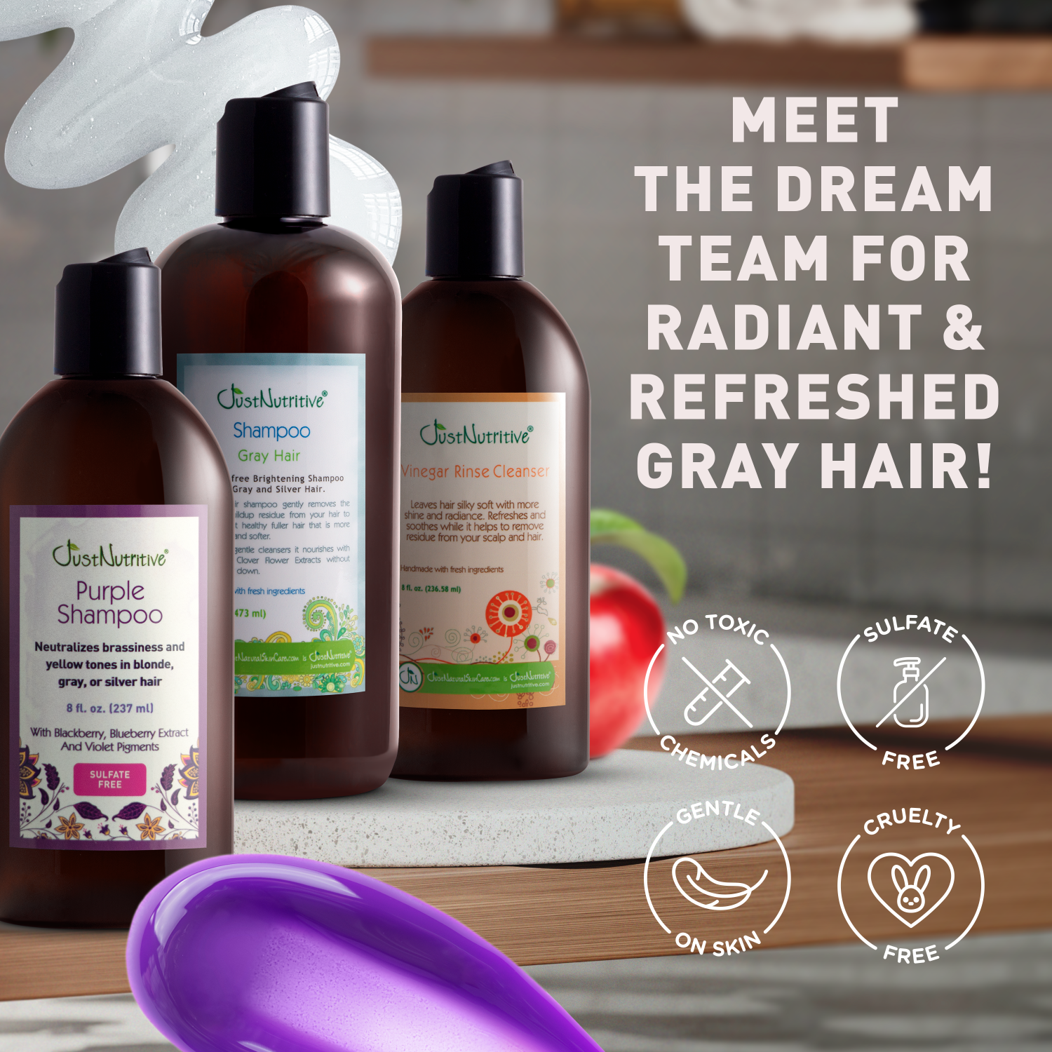 Set of hair care products with text highlighting features on a neutral background