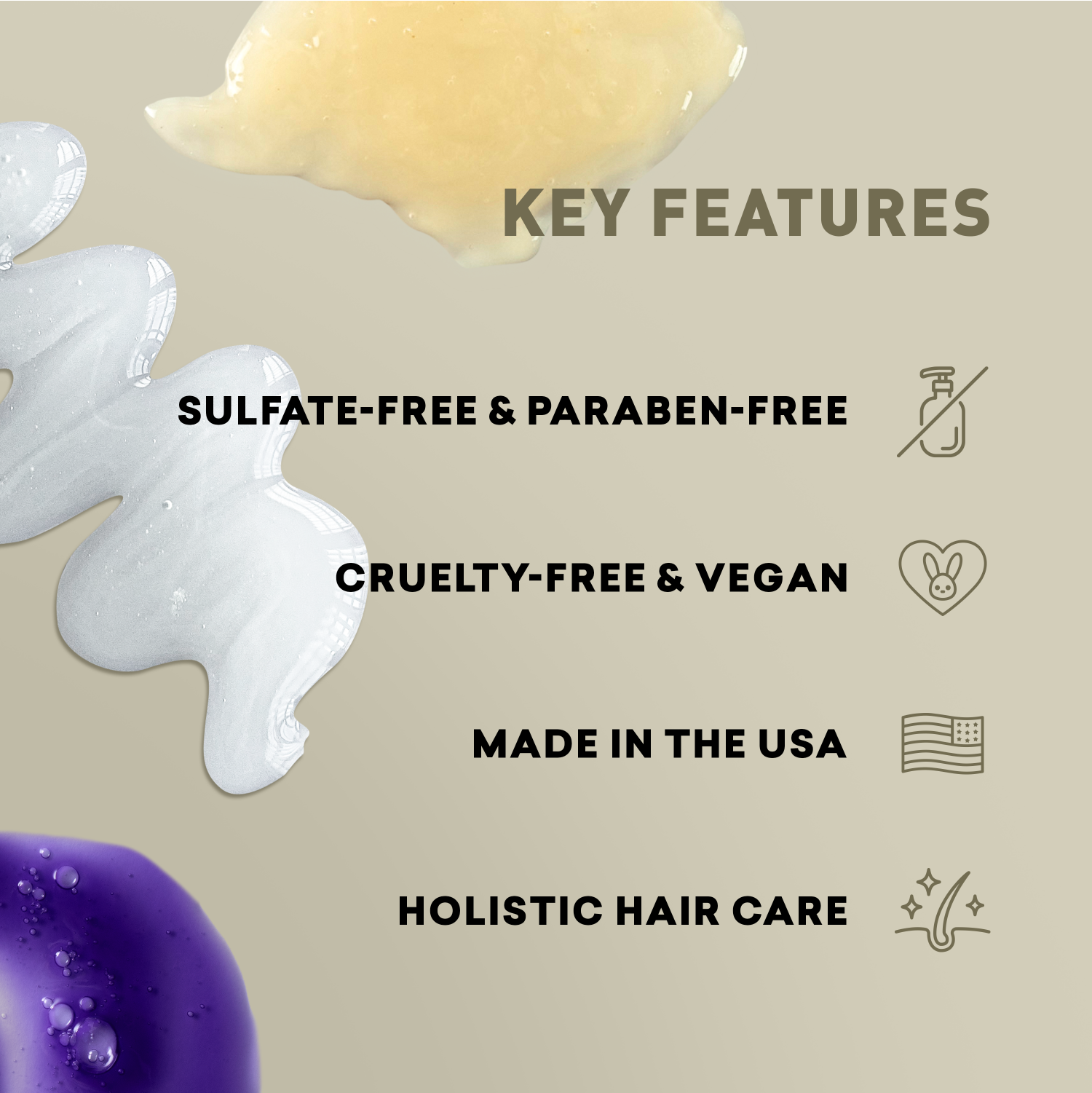 Key features of a hair care product on a beige background with icons.