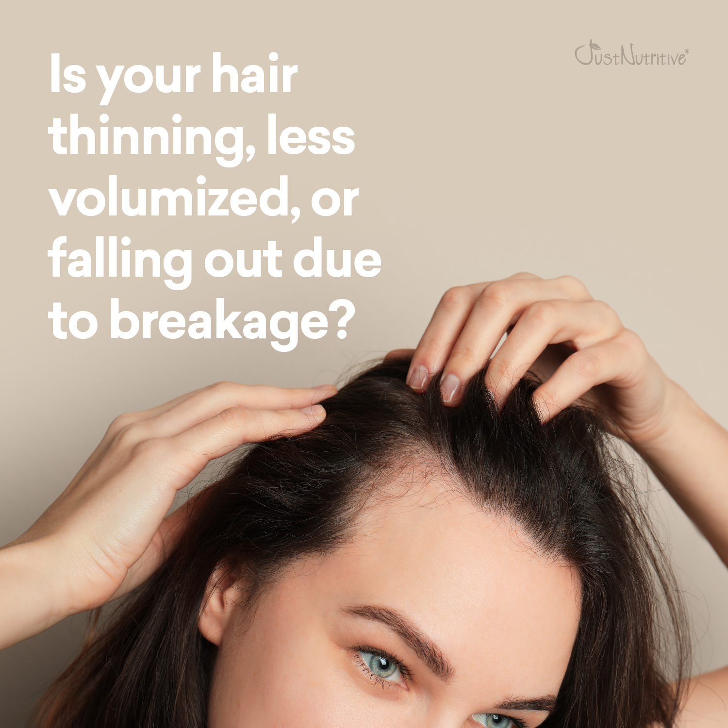 Woman touching her hair with text about hair thinning and breakage on a beige background