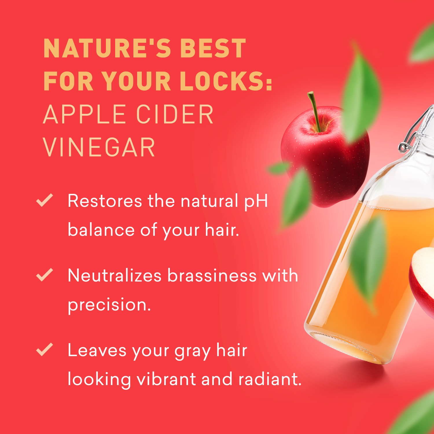 Advertisement for apple cider vinegar with text and an image of a red apple and glass jar on a red background.