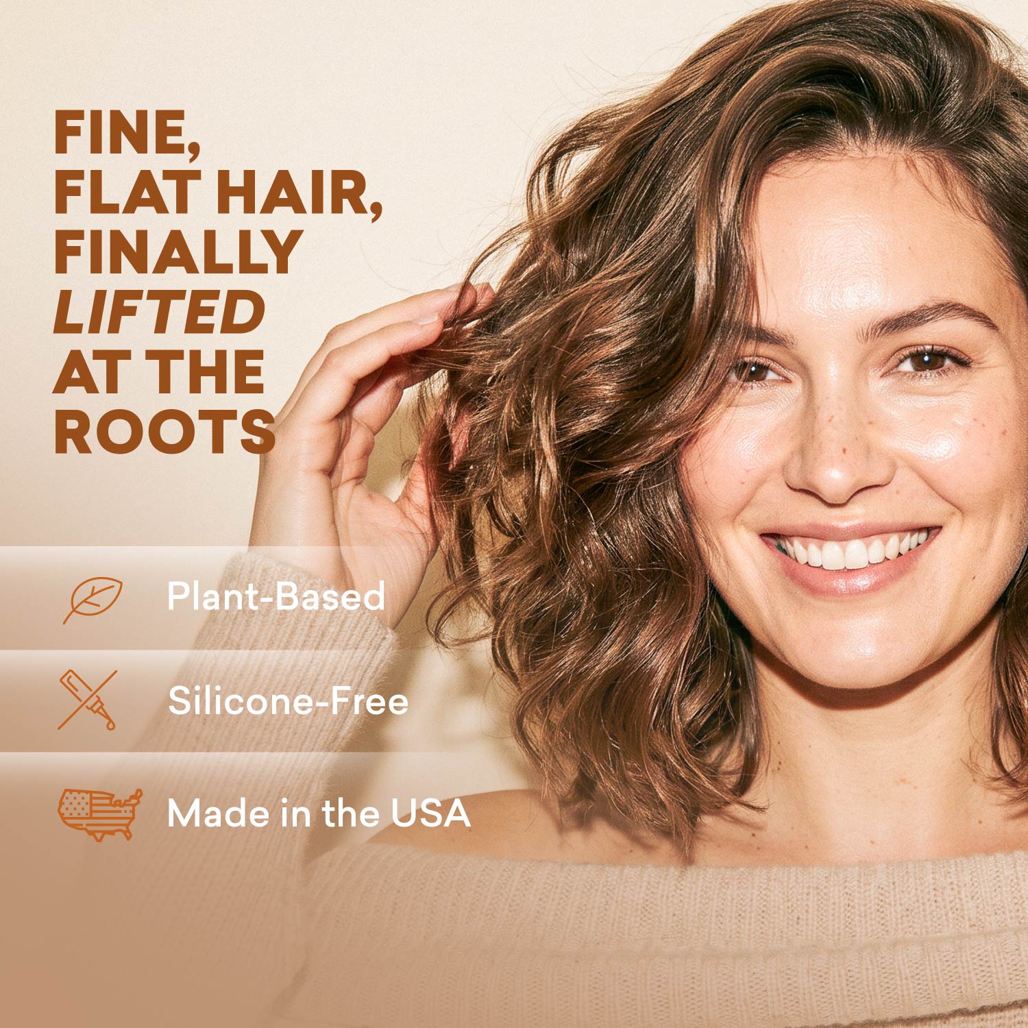 Woman with fine, straight hair and lifted roots beside Volumizer Hair Tonic and badges