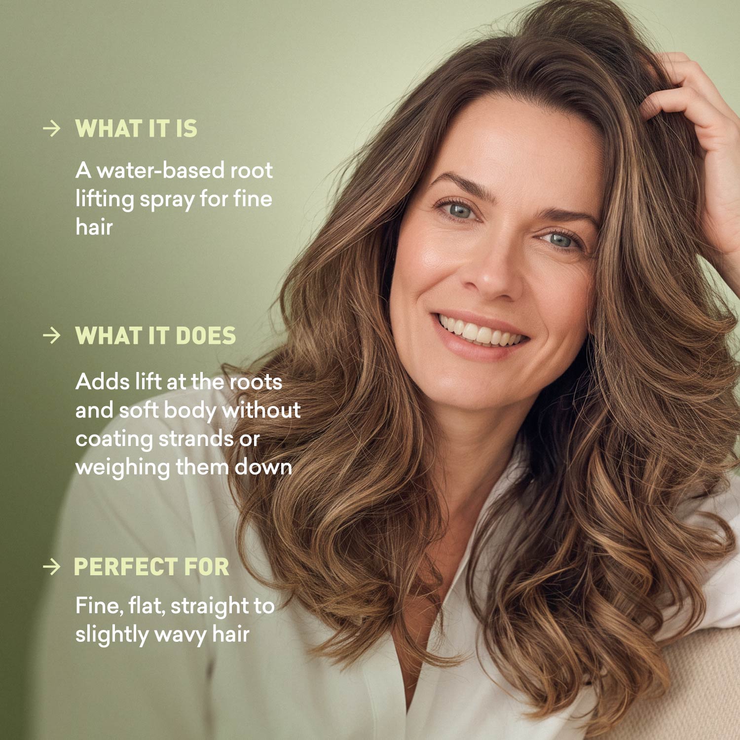 Overview card for a root lifting spray that adds body to fine, flat hair