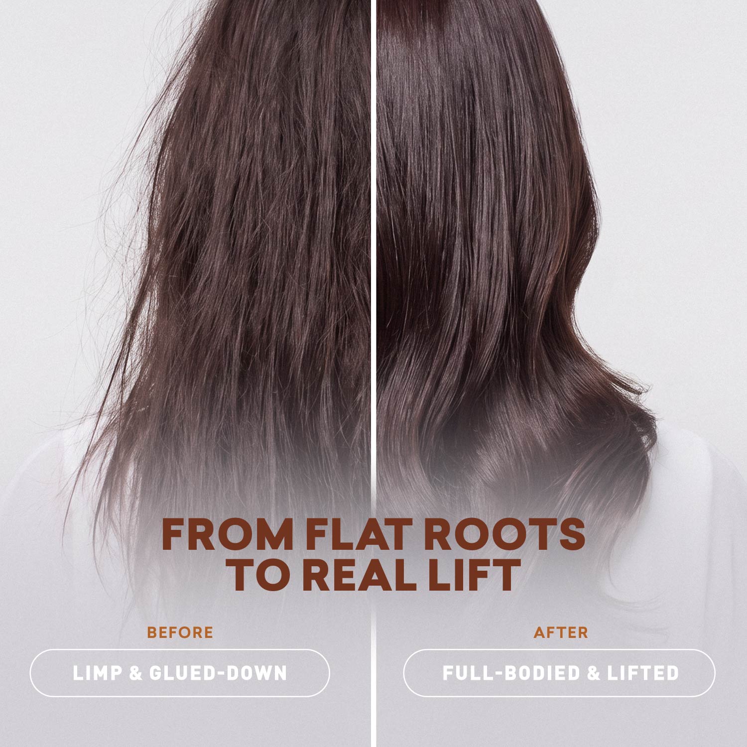 Before and after: limp, glued-down fine hair beside full-bodied, lifted hair with root volume