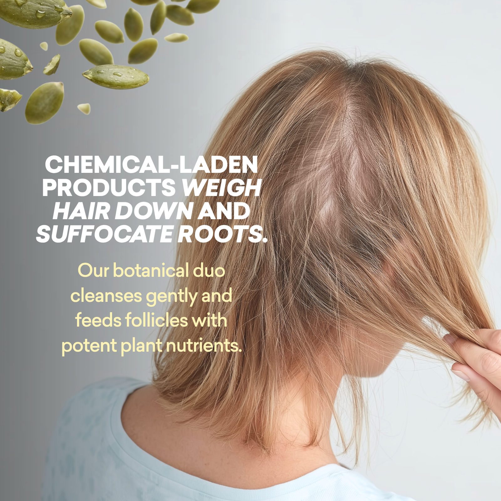 Person with blonde hair holding a section of their hair, with text about chemical-free hair care products.