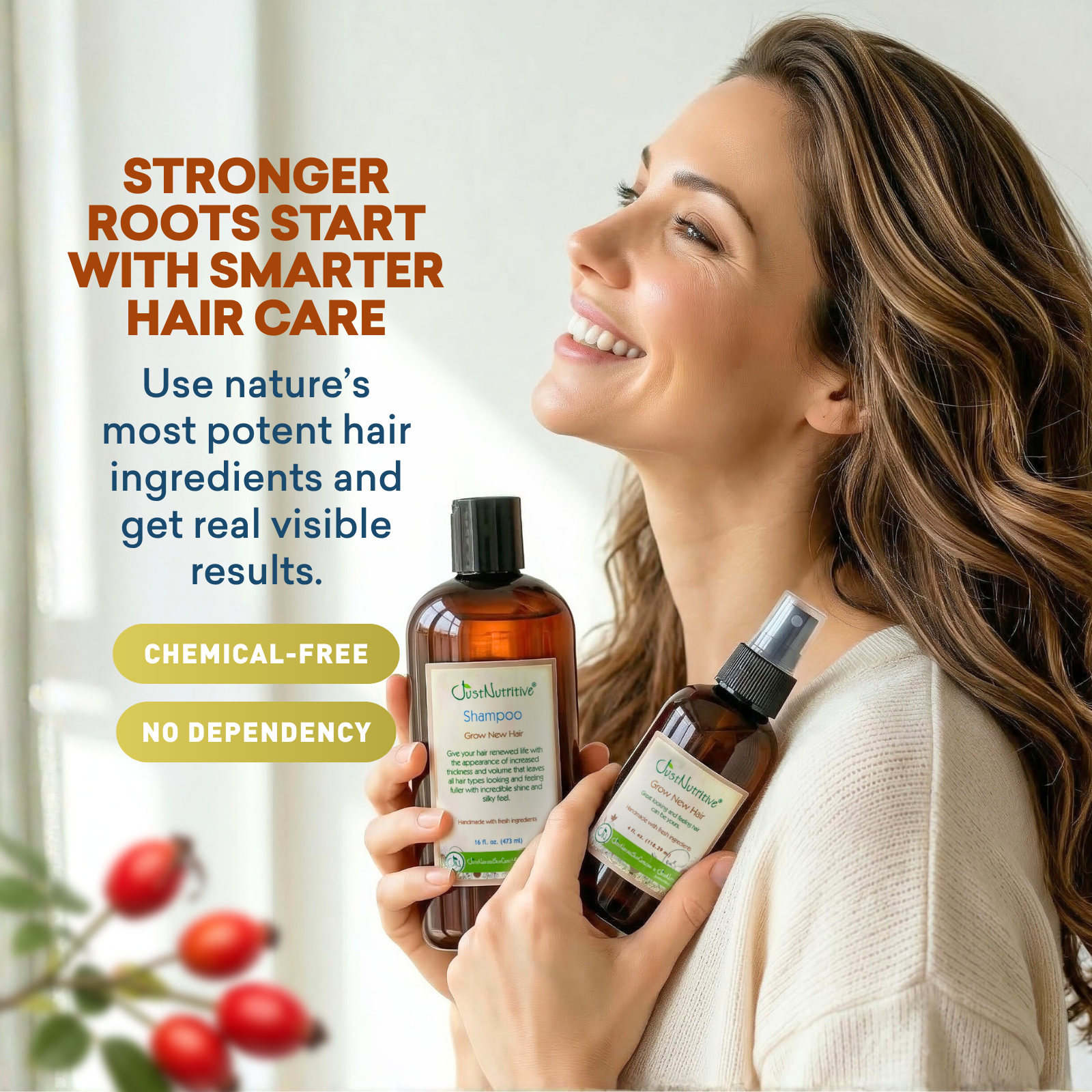 Woman holding two bottles of hair care products with text about smarter hair care.