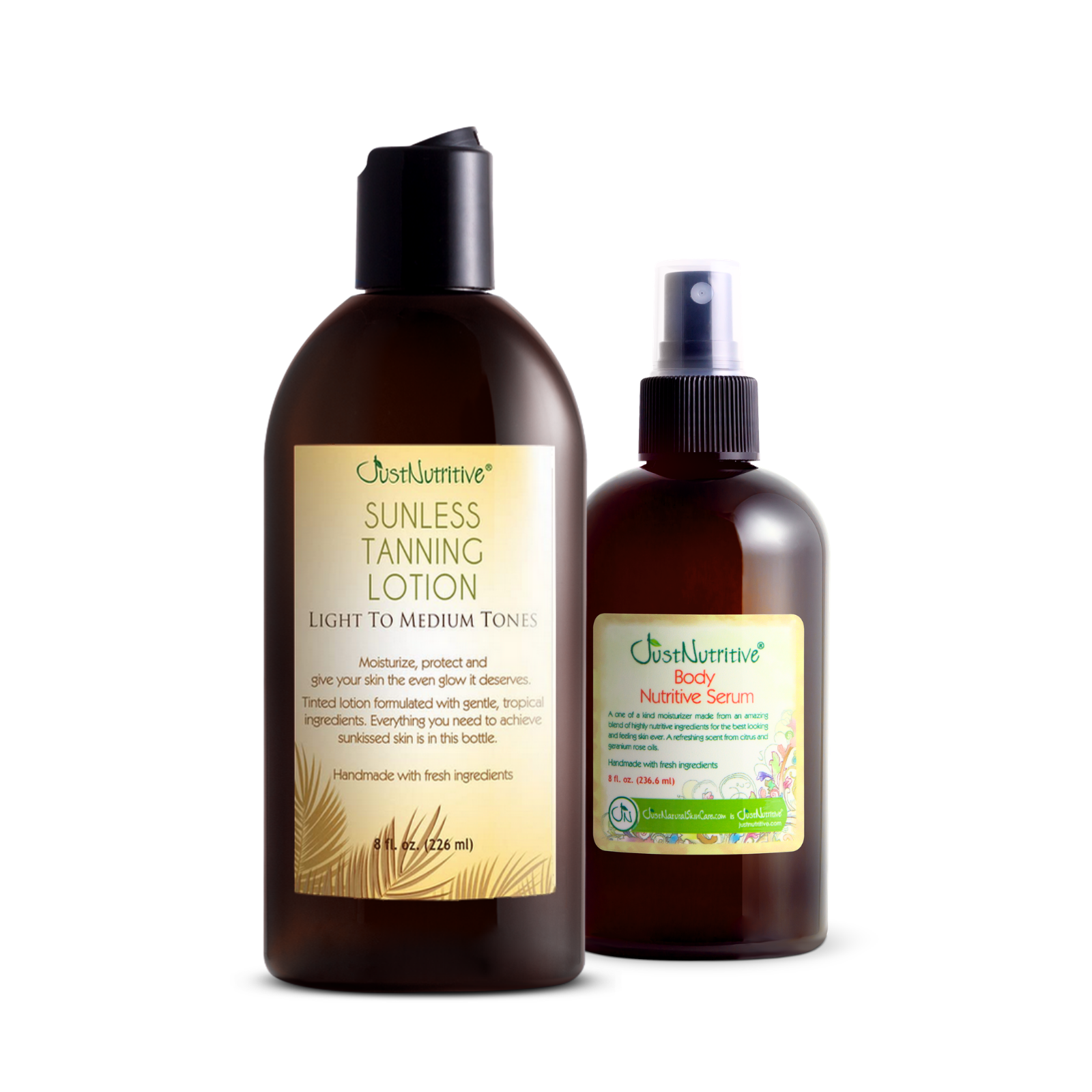 Two bottles of Justnutritive sunless tanning lotion and body moisturizer on a white background