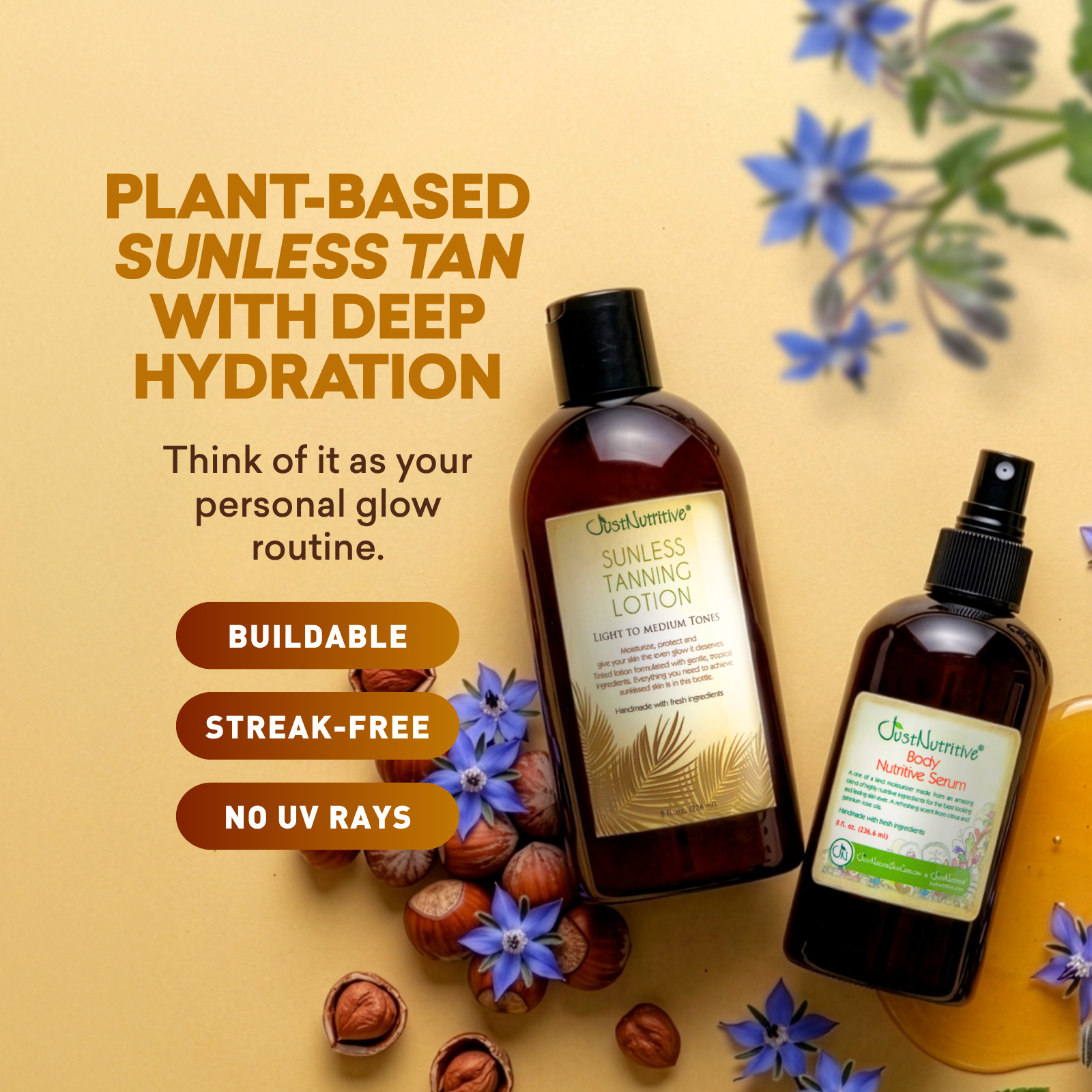 Sunless tanning lotion and spray with natural ingredients on a beige background with flowers.