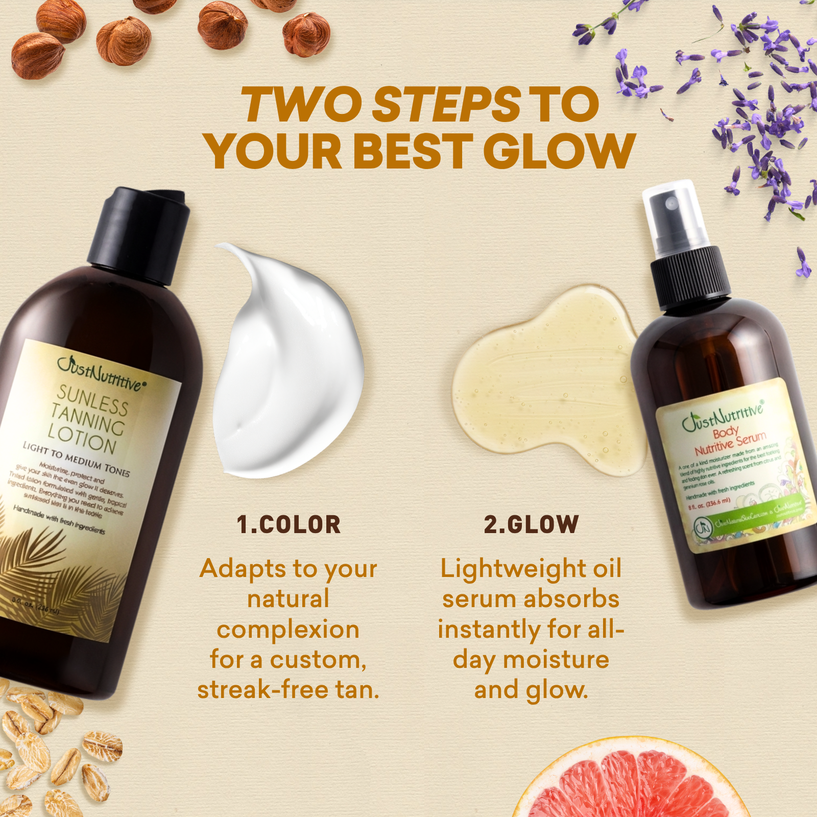 Two bottles of JustNutritive Sunless Tanning Lotion and Body Glow Nourishing Serum with text on a beige background.