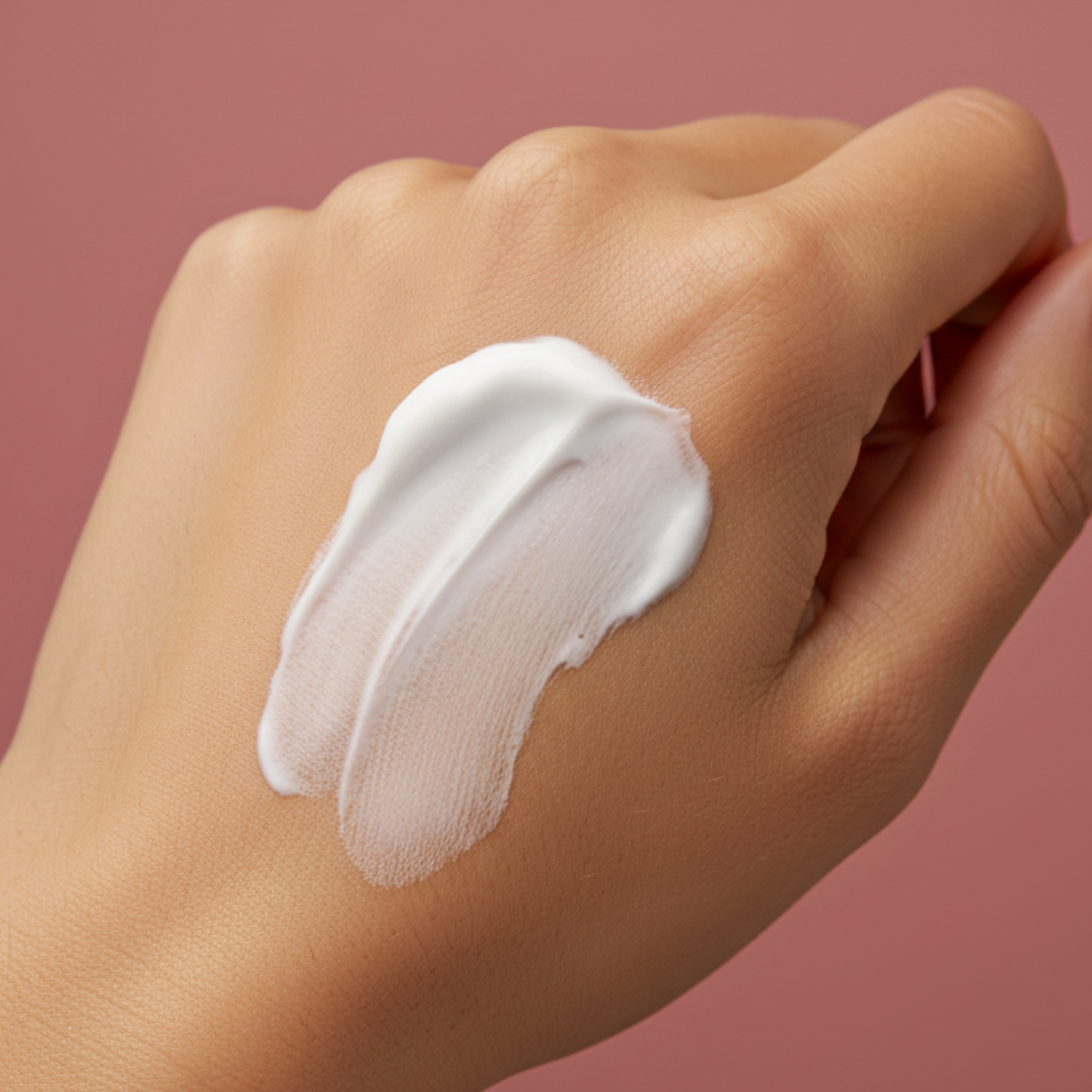 Hand with a swatch of white cream on a pink background