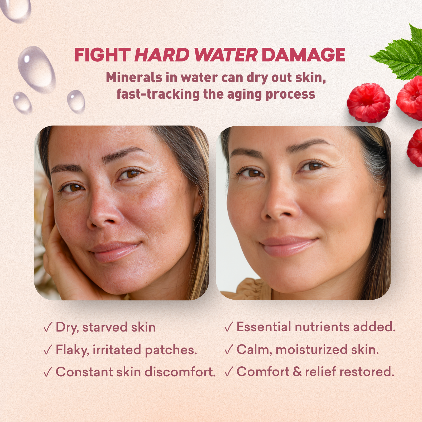 Advertisement for a product to fight hard water damage on skin, featuring two women and text about skin care benefits.