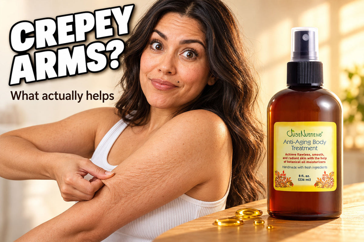 Crepey arms? Woman pinching the skin on her arm next to Just Nutritive Anti-Aging Body Treatment
