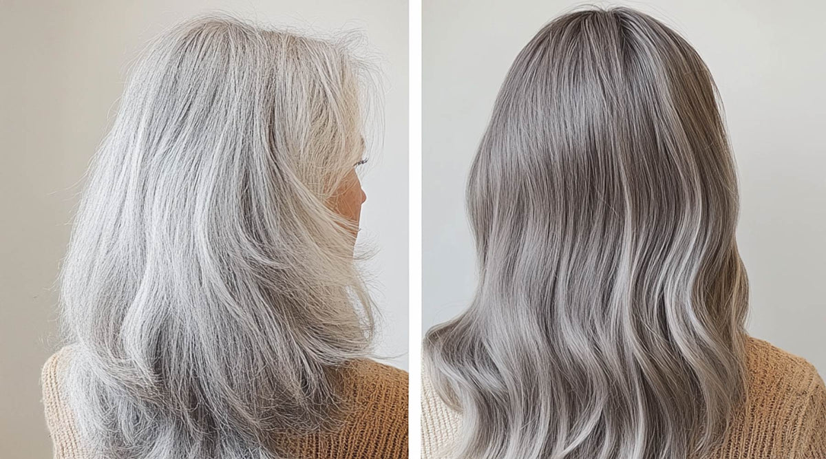 Before and after back view of gray hair, from frizzy to smooth