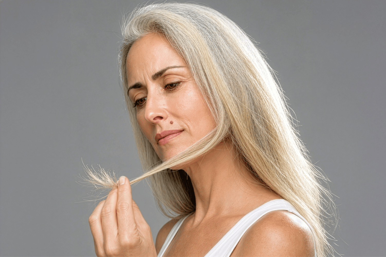 Silver hair with a slight yellow cast, showing why gray hair turns yellow over time.