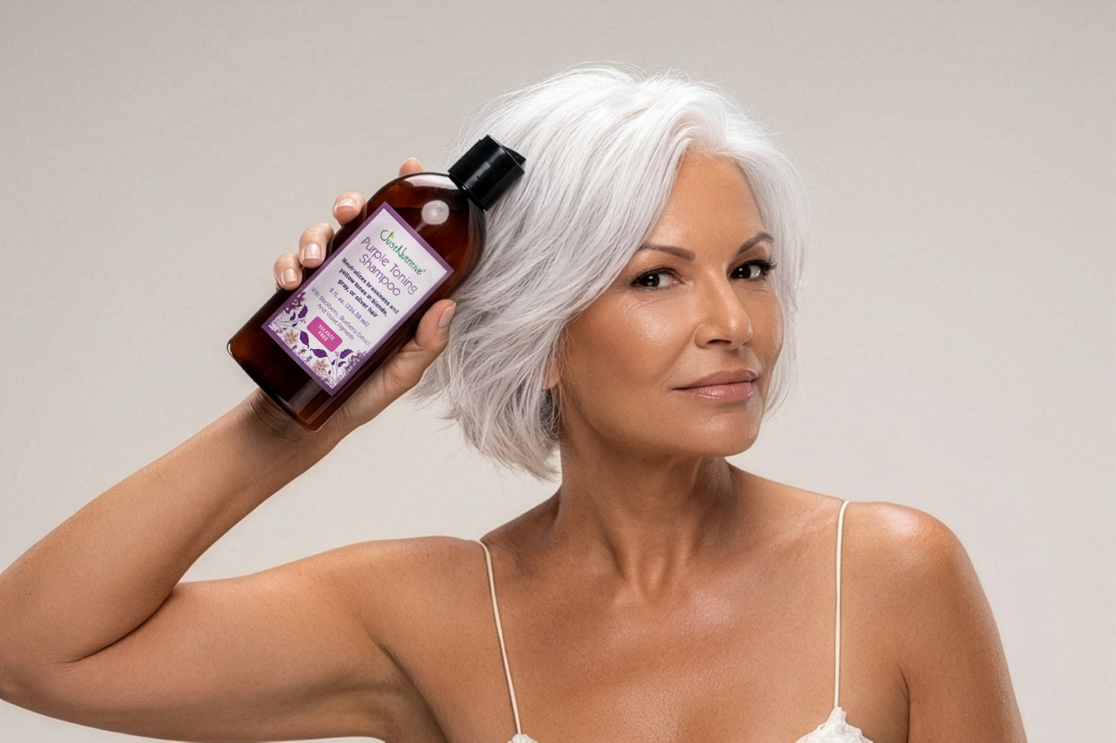 What does purple shampoo do to gray hair, shown on bright silver hair.