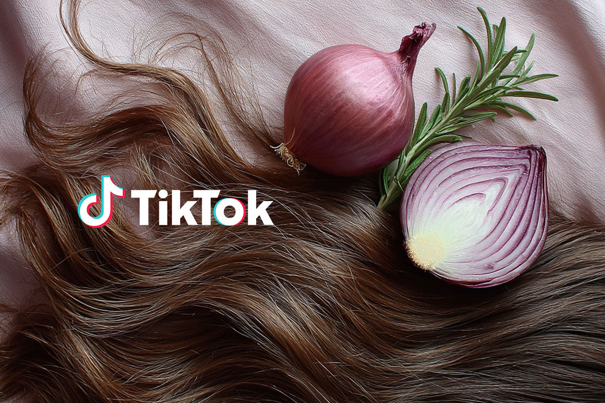 tiktok logo, thinning hair, onion, rosemary ingredients.