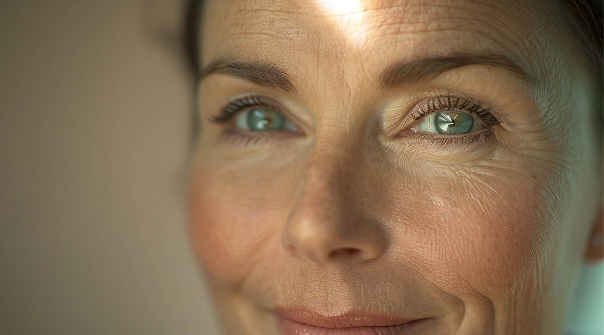 Close-up of a smiling woman with green eyes and natural makeup