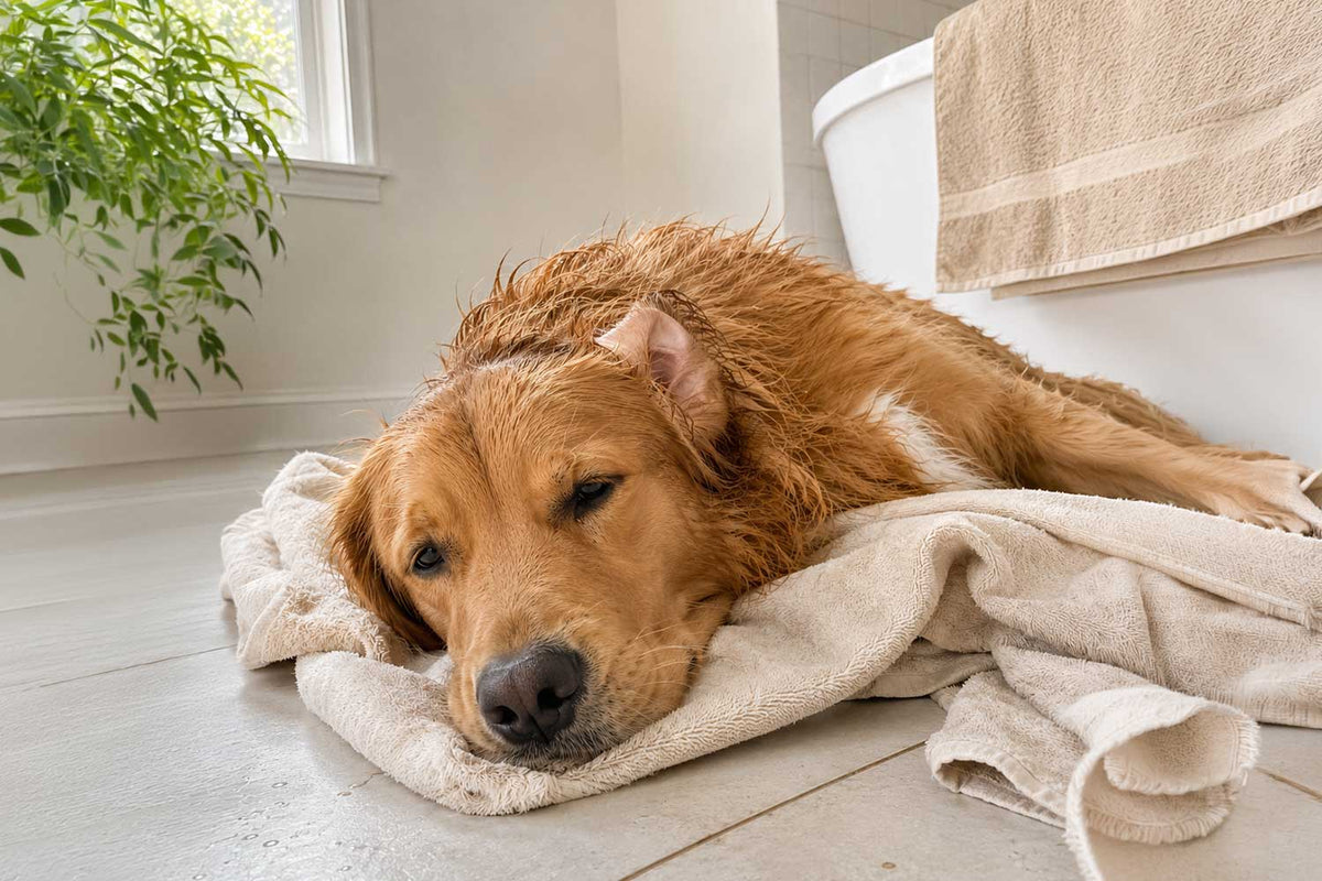 Damp golden dog lying calmly on a towel after a bath, relaxed and not scratching, in soft natural light