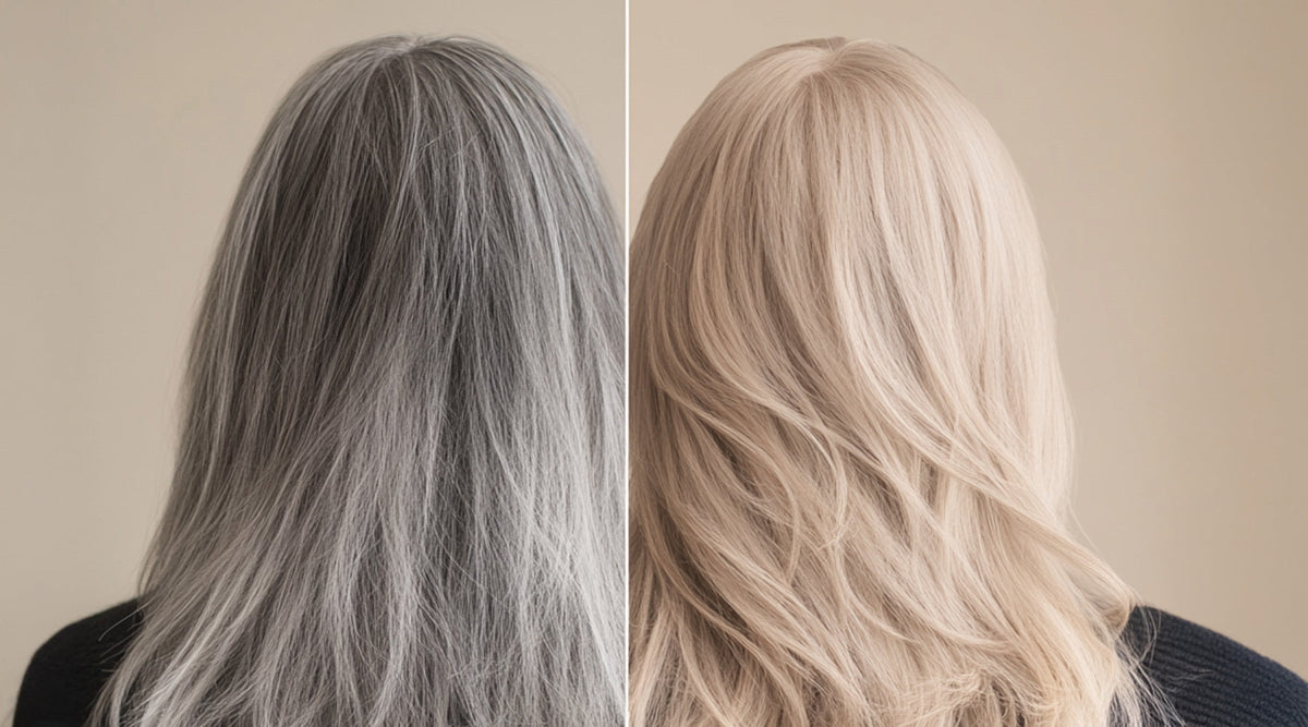 Before and after back view of long hair, from dull gray to a bright, light tone