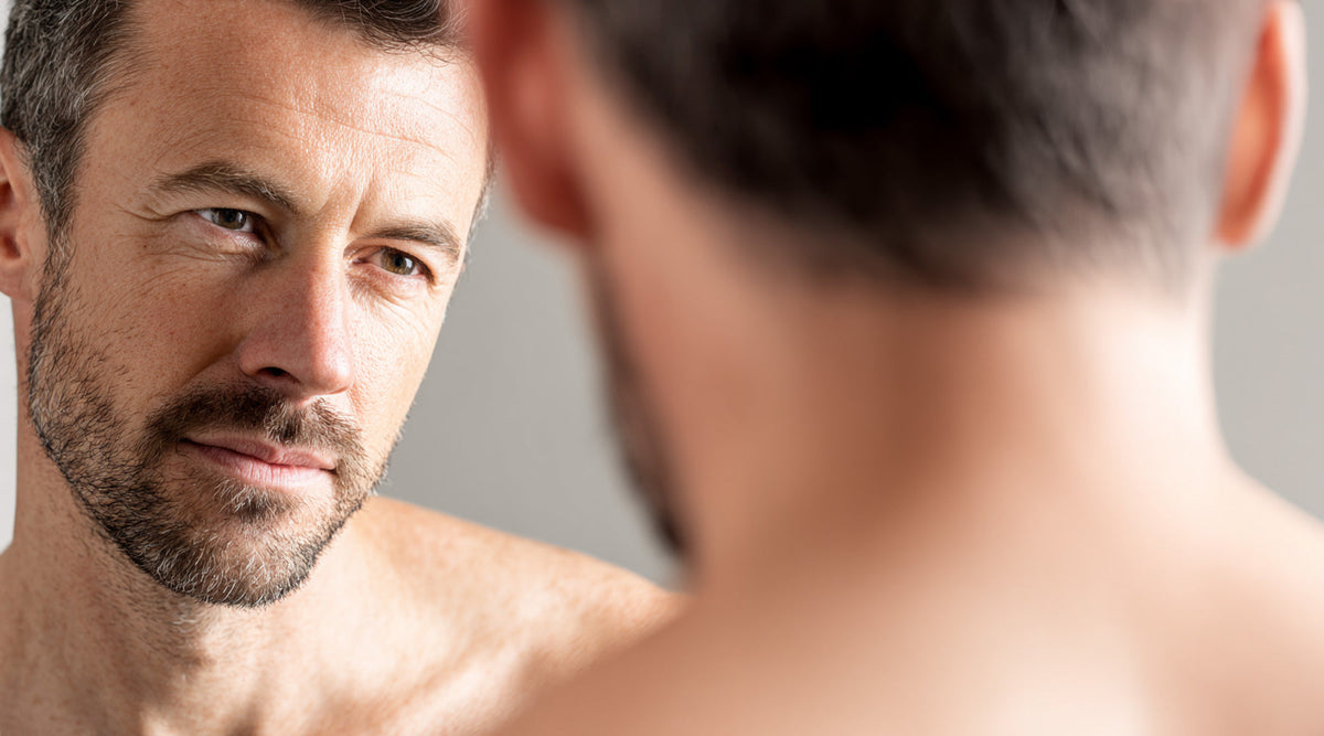 Man with a short beard looking at his reflection in a mirror