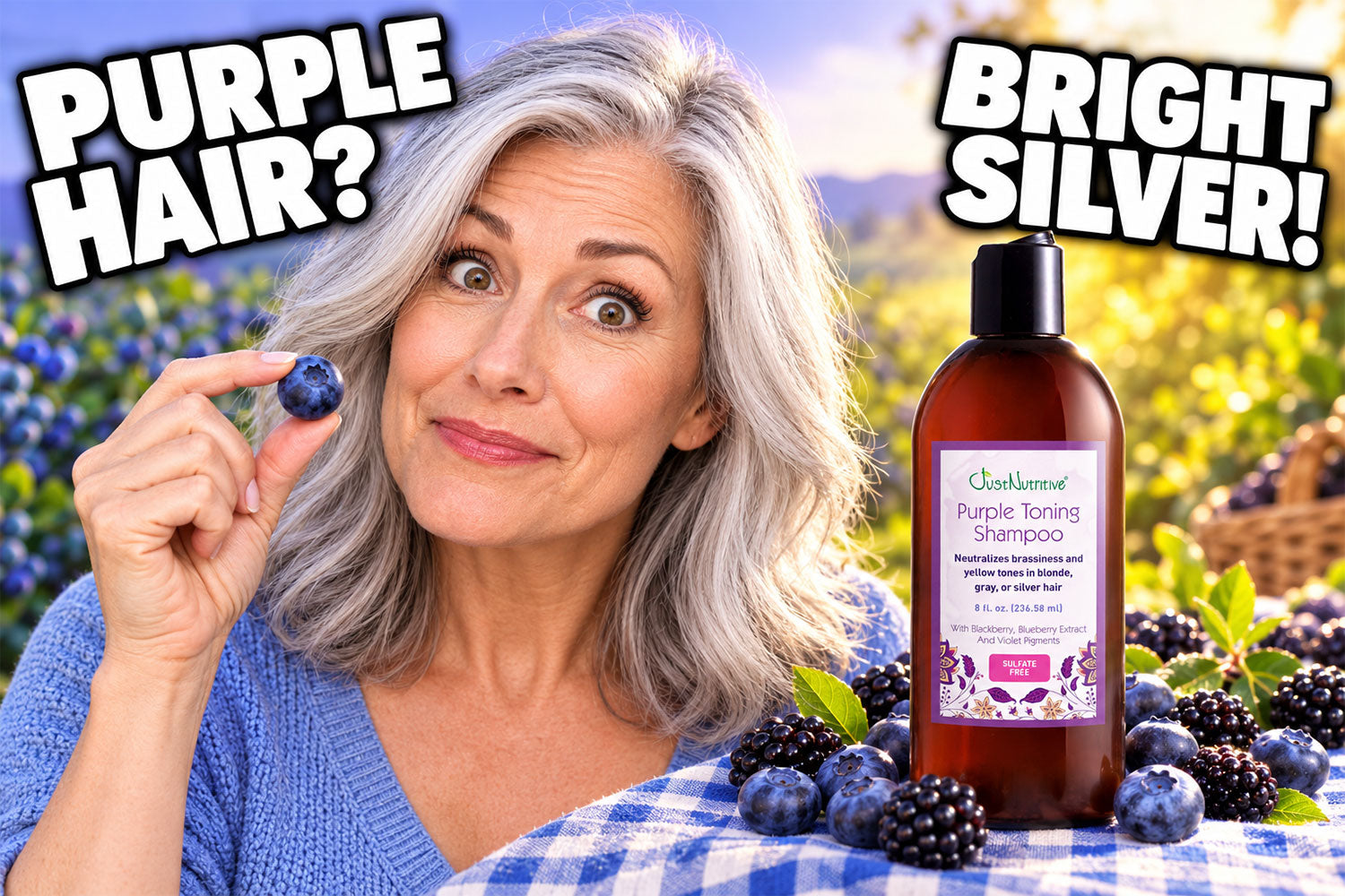Woman wondering if purple shampoo will turn her gray hair purple, next to Just Nutritive Purple Toning Shampoo