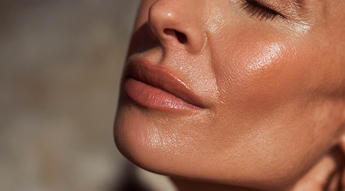 Close-up of a woman with dewy, glowing skin and closed eyes