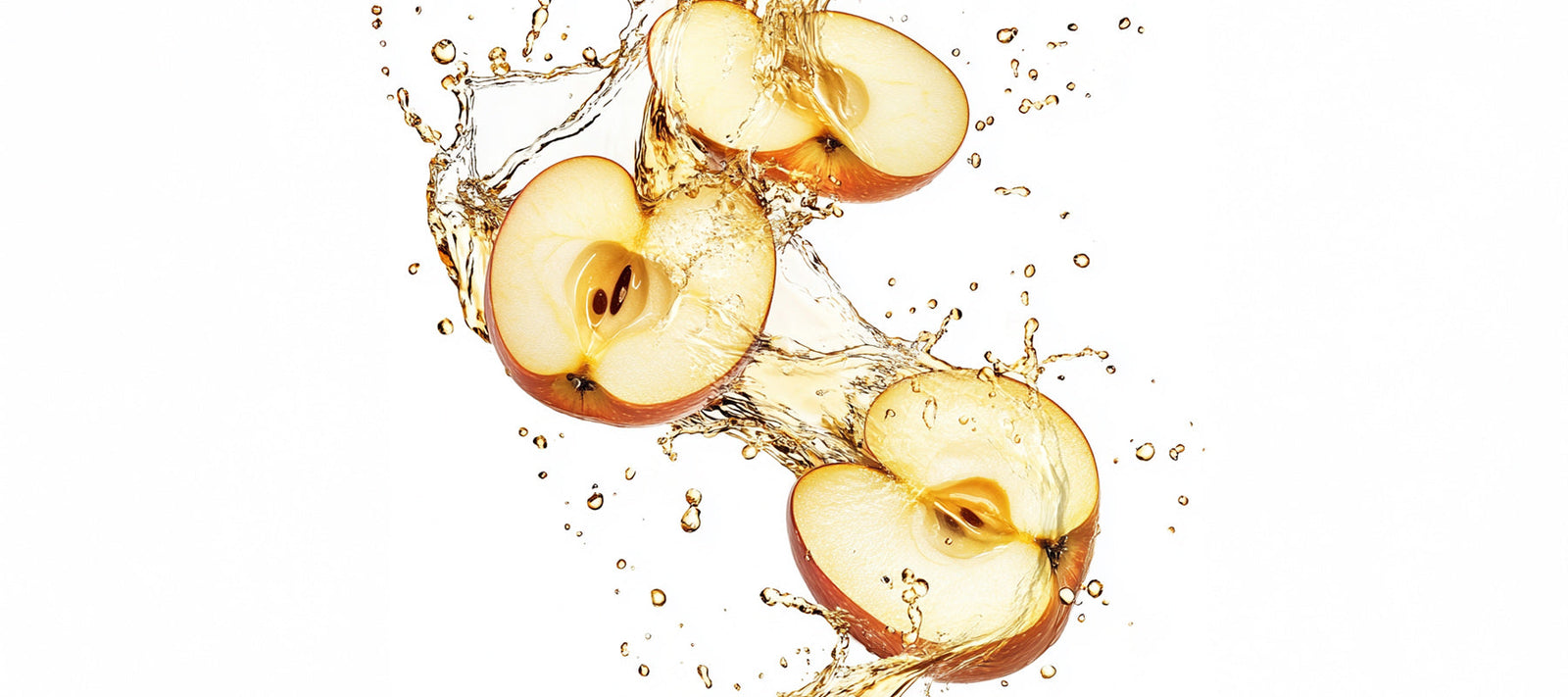 Apple halves splashing in liquid on a white background