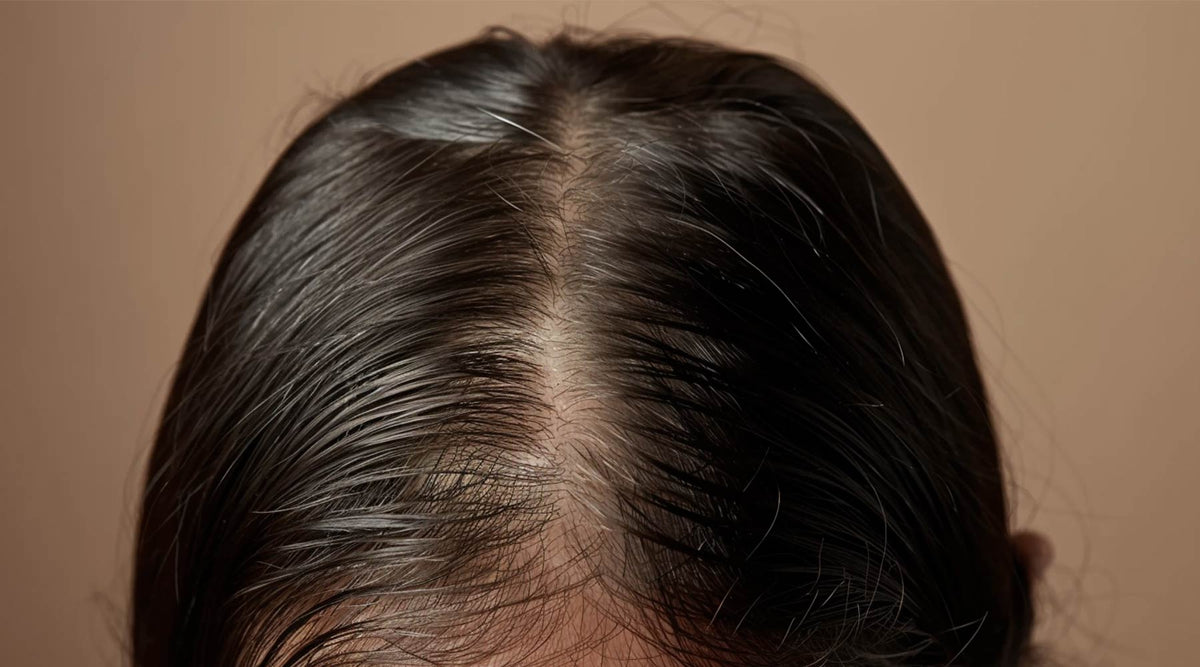 Top-down view of a part in dark brown hair with visible scalp