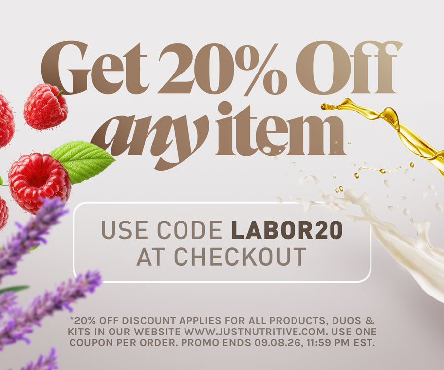 Promotional graphic with large text reading 'Get 20% Off any item' and 'USE CODE LABOR20 AT CHECKOUT' on a light background, decorated with raspberries, lavender, and a golden liquid splash. Small disclaimer text appears at the bottom for Just Nutritive products and kits.