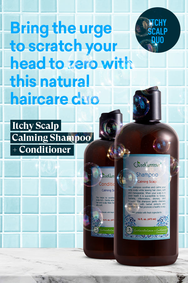 Two bottles of Itchy Scalp Calming Shampoo and Conditioner on a tiled bathroom shelf.