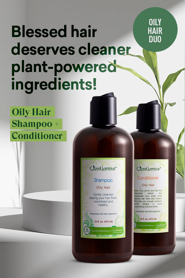Two bottles of Oily Hair Shampoo and Conditioner with plant-powered ingredients on a white background.