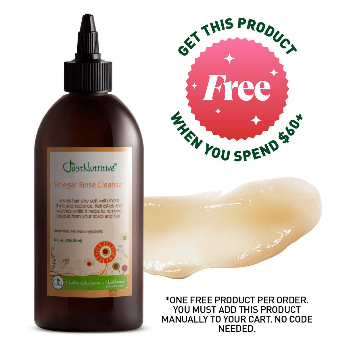 Brown bottle of Just Nutritive Vinegar Rinse Cleanser with a free product offer on a white background