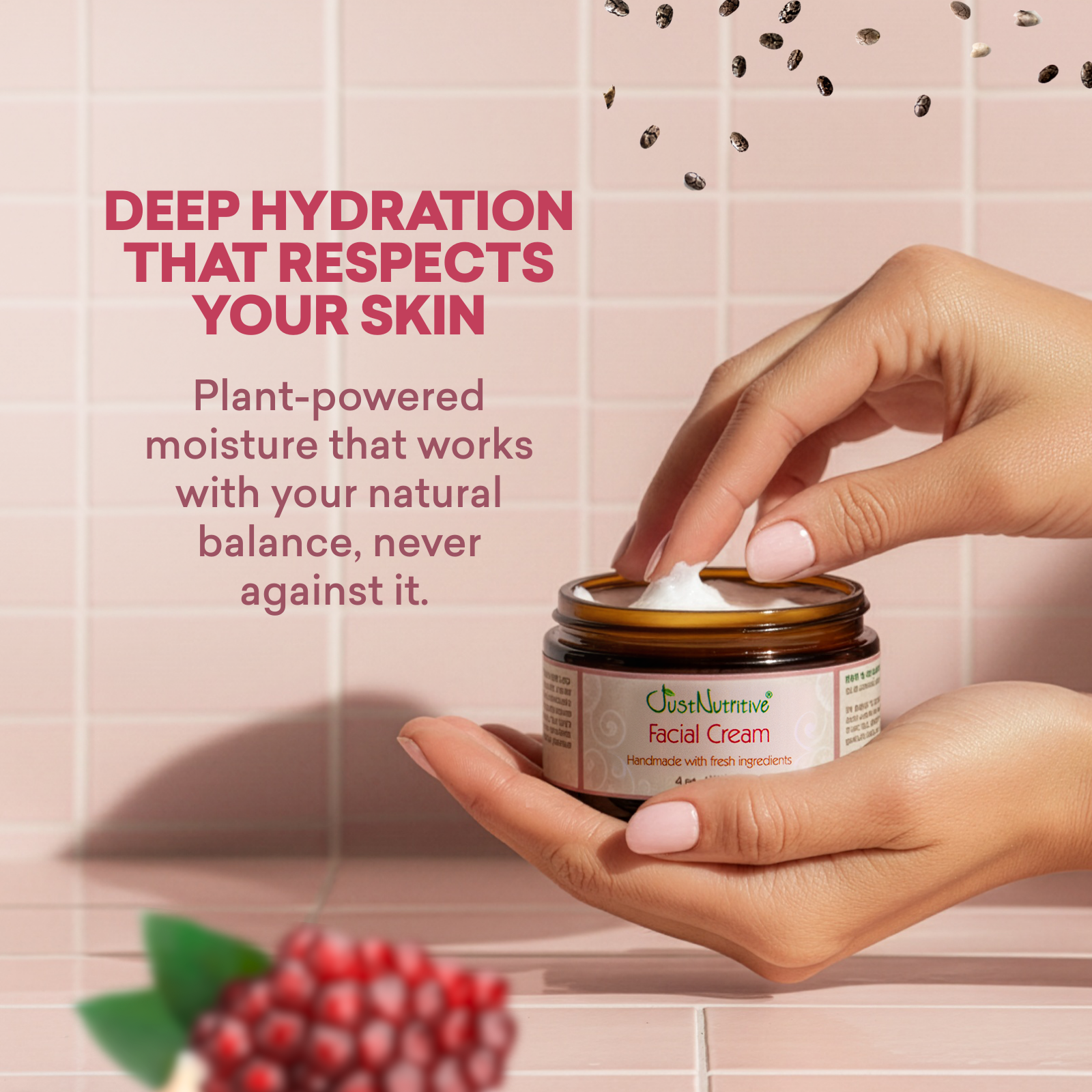Hand applying facial cream with text about deep hydration and plant-powered moisture.