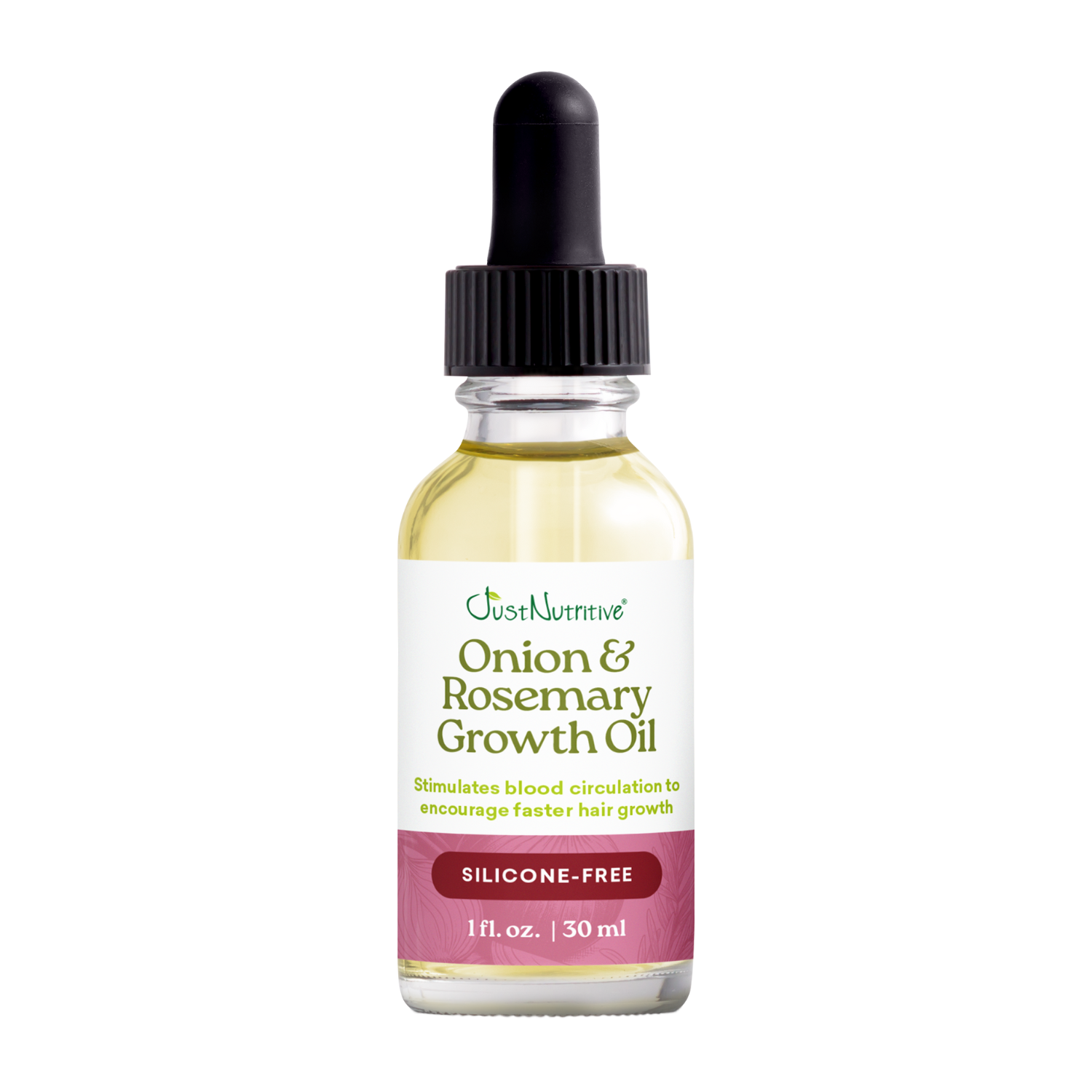 Bottle of Onion & Rosemary Growth Oil with dropper on a white background