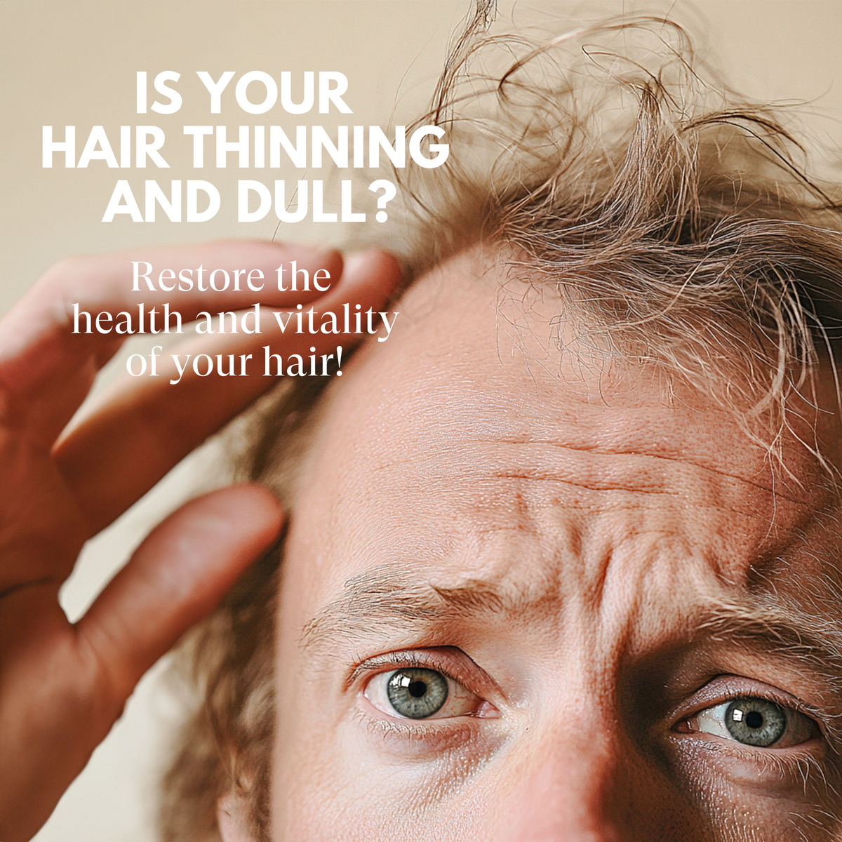 Close-up of a person touching their thinning hair with text about hair health.