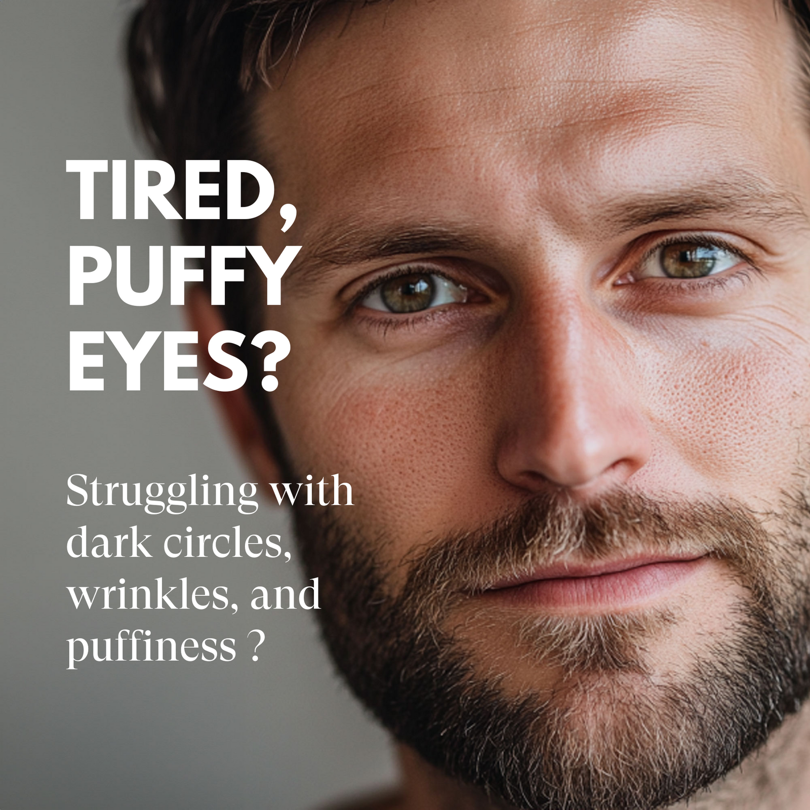 Close-up of a man's face with text about eye issues on a gray background